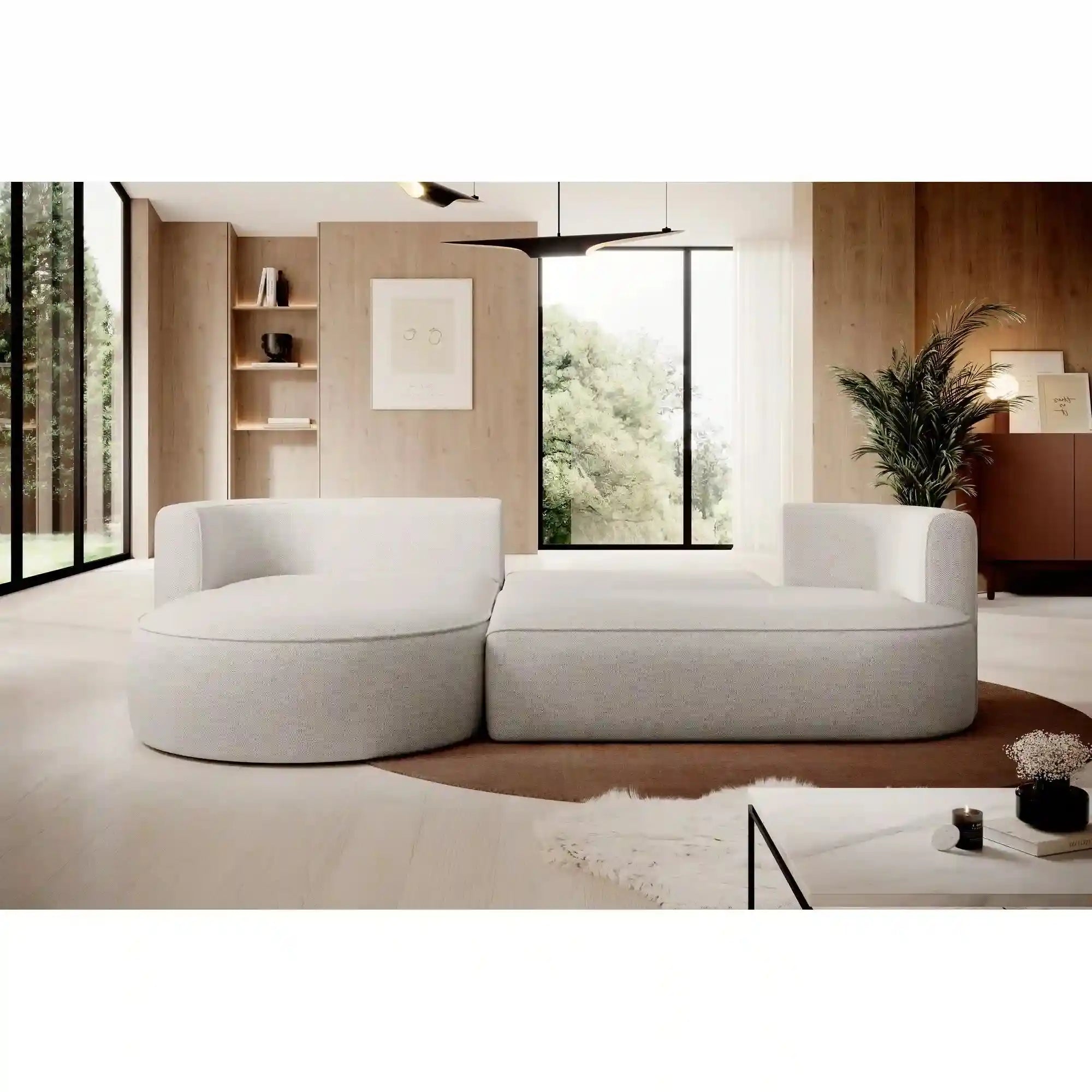 Coltar extensibil FIORE, sezlong stanga, stofa catifelata bej - Palladium 02, Gama Premium, cu lada depozitare, 284x183x82 cm