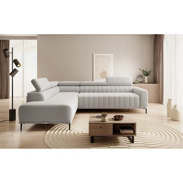 Coltar extensibil GANDI 120, personalizabil material gama Oferta Avantaj, cu lada depozitare si tetiere reglabile, 261x204x99 cm