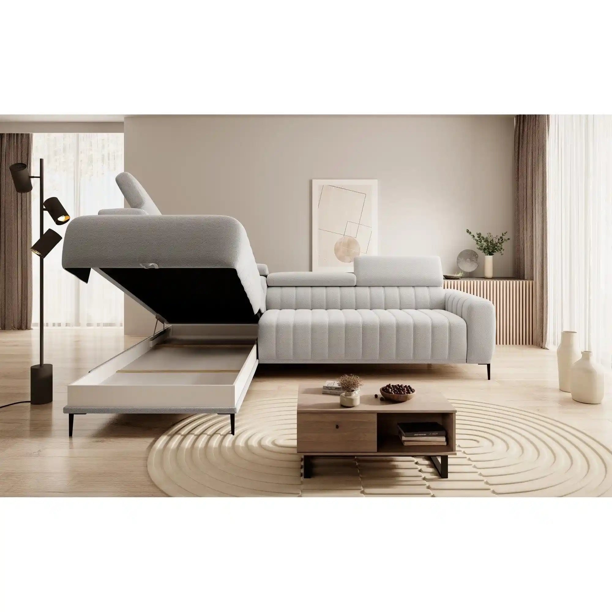 Coltar extensibil GANDI 120, personalizabil material gama Oferta Avantaj, cu lada depozitare si tetiere reglabile, 261x204x99 cm