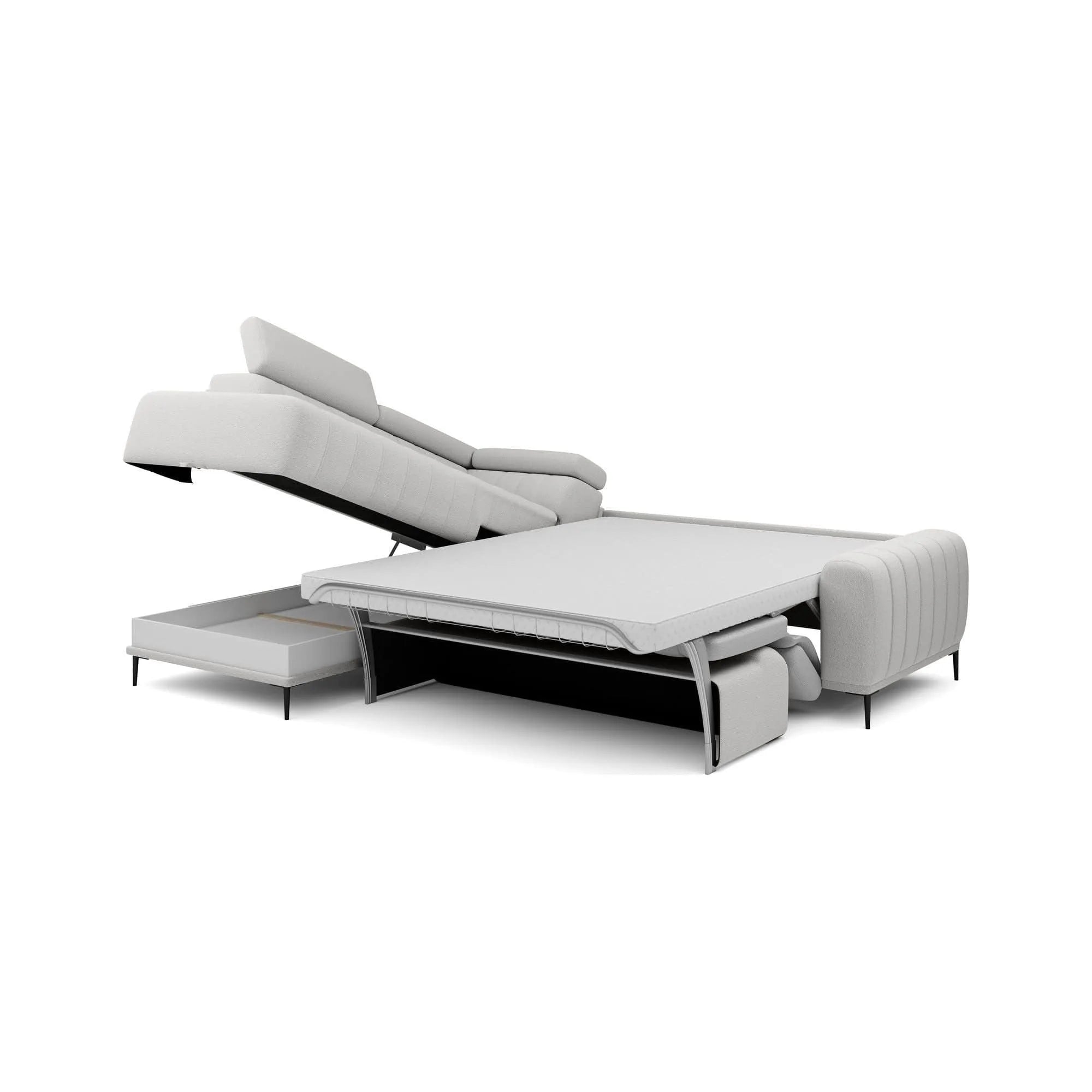 Coltar extensibil GANDI 120, personalizabil material gama Oferta Avantaj, cu lada depozitare si tetiere reglabile, 261x204x99 cm