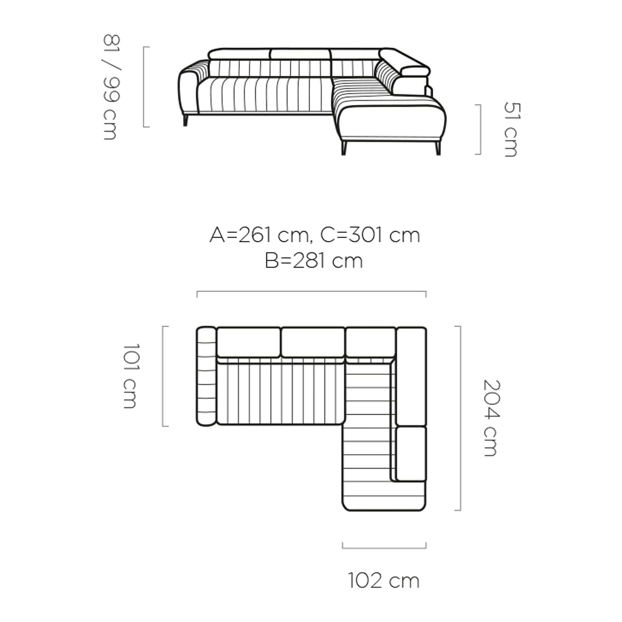 Coltar extensibil GANDI 120, personalizabil material gama Oferta Avantaj, cu lada depozitare si tetiere reglabile, 261x204x99 cm