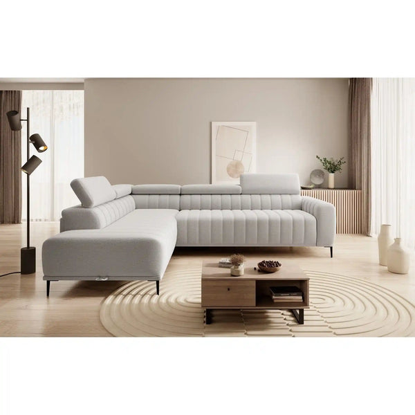 Coltar extensibil GANDI 140, personalizabil material gama Oferta Avantaj, cu lada depozitare si tetiere reglabile, 281x204x99 cm