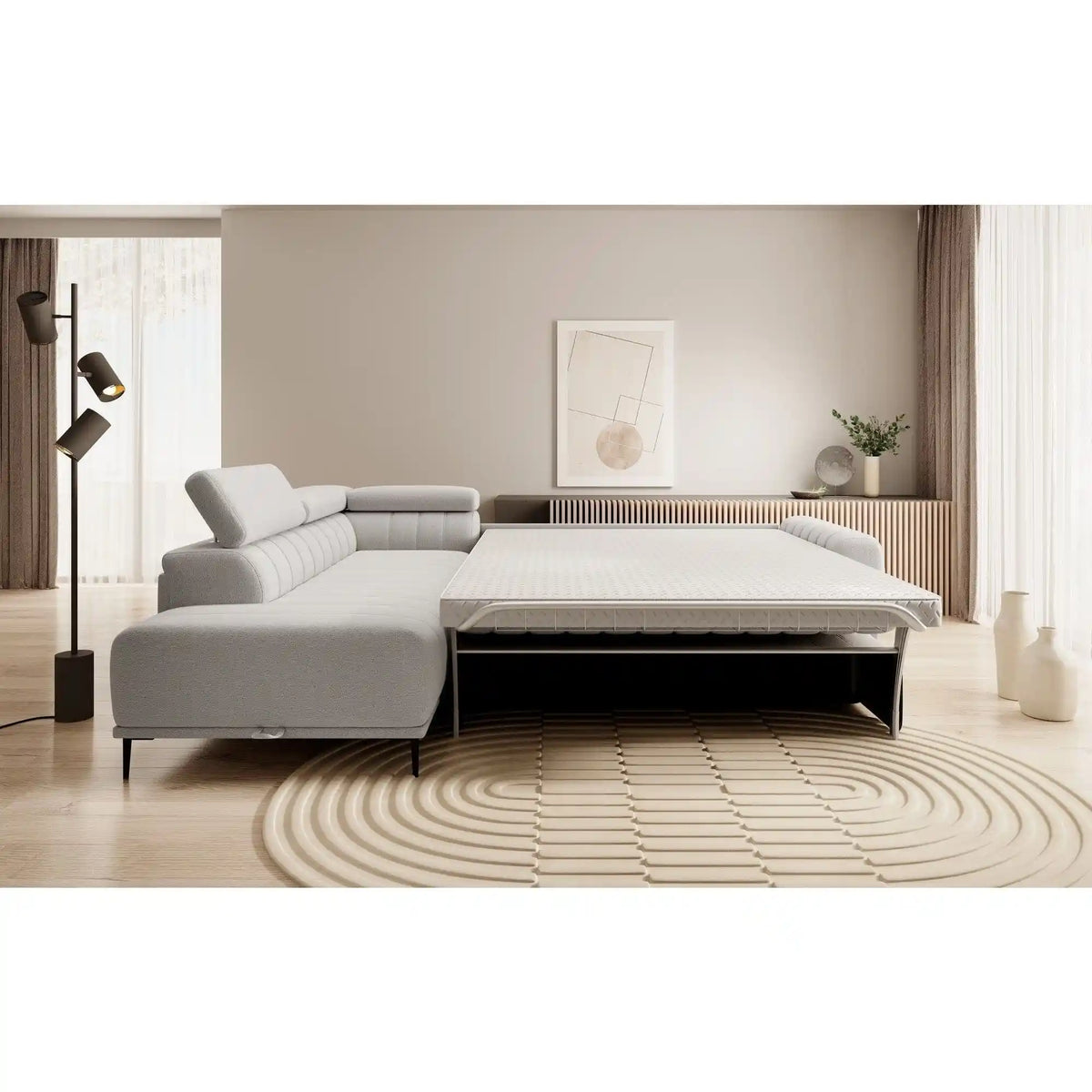 Coltar extensibil GANDI 140, personalizabil material gama Oferta Avantaj, cu lada depozitare si tetiere reglabile, 281x204x99 cm