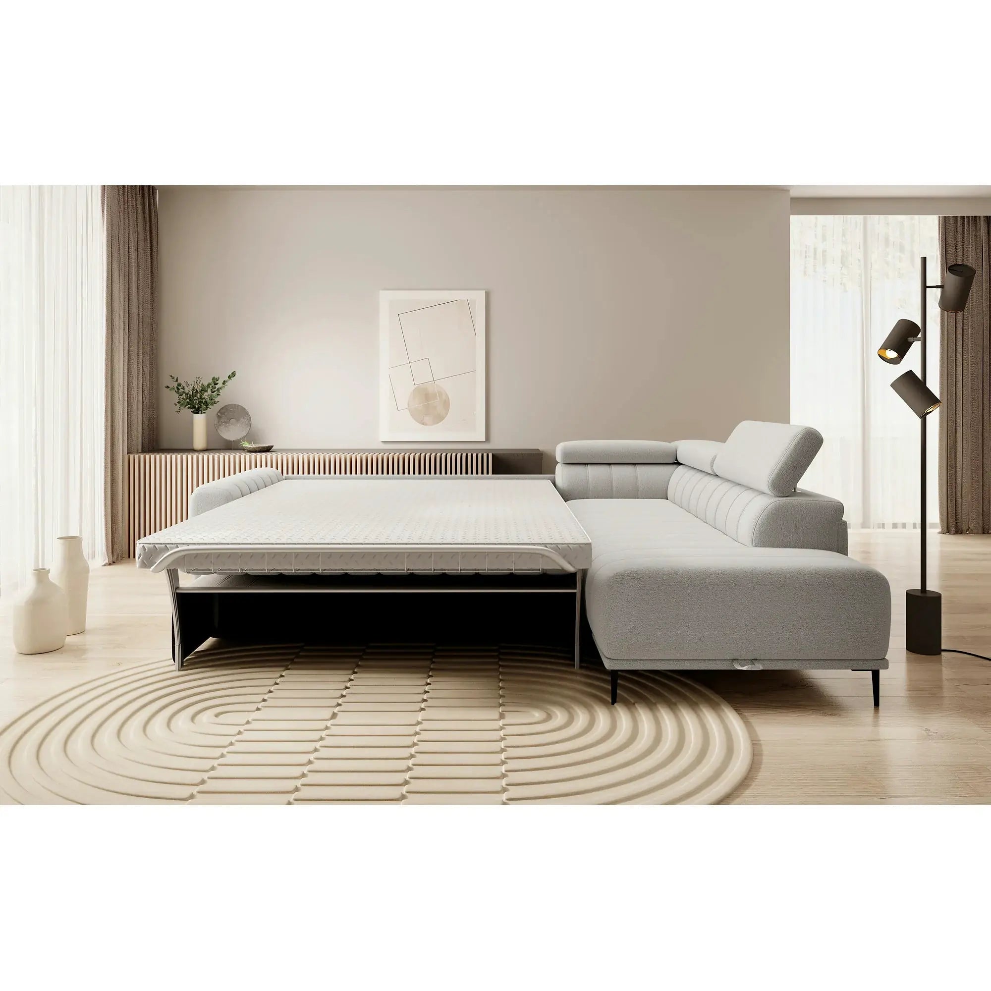 Coltar extensibil GANDI 160, personalizabil, cu lada depozitare si tetiere reglabile, 301x204x99 cm