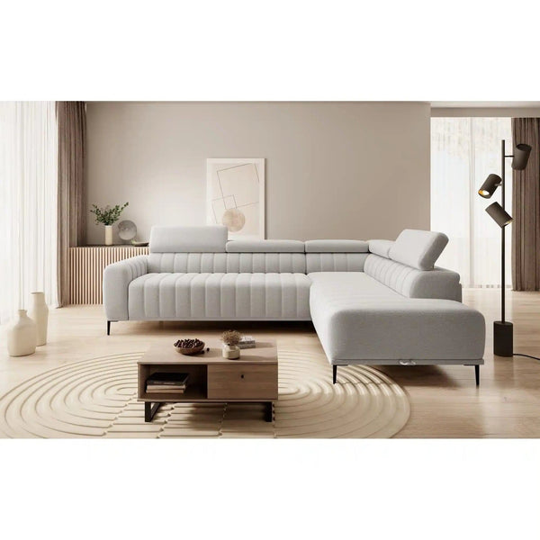 Coltar extensibil GANDI 160, sezlong dreapta, stofa catifelata bej - Vogue 02, Gama Premium, cu lada depozitare, 301x204x99 cm