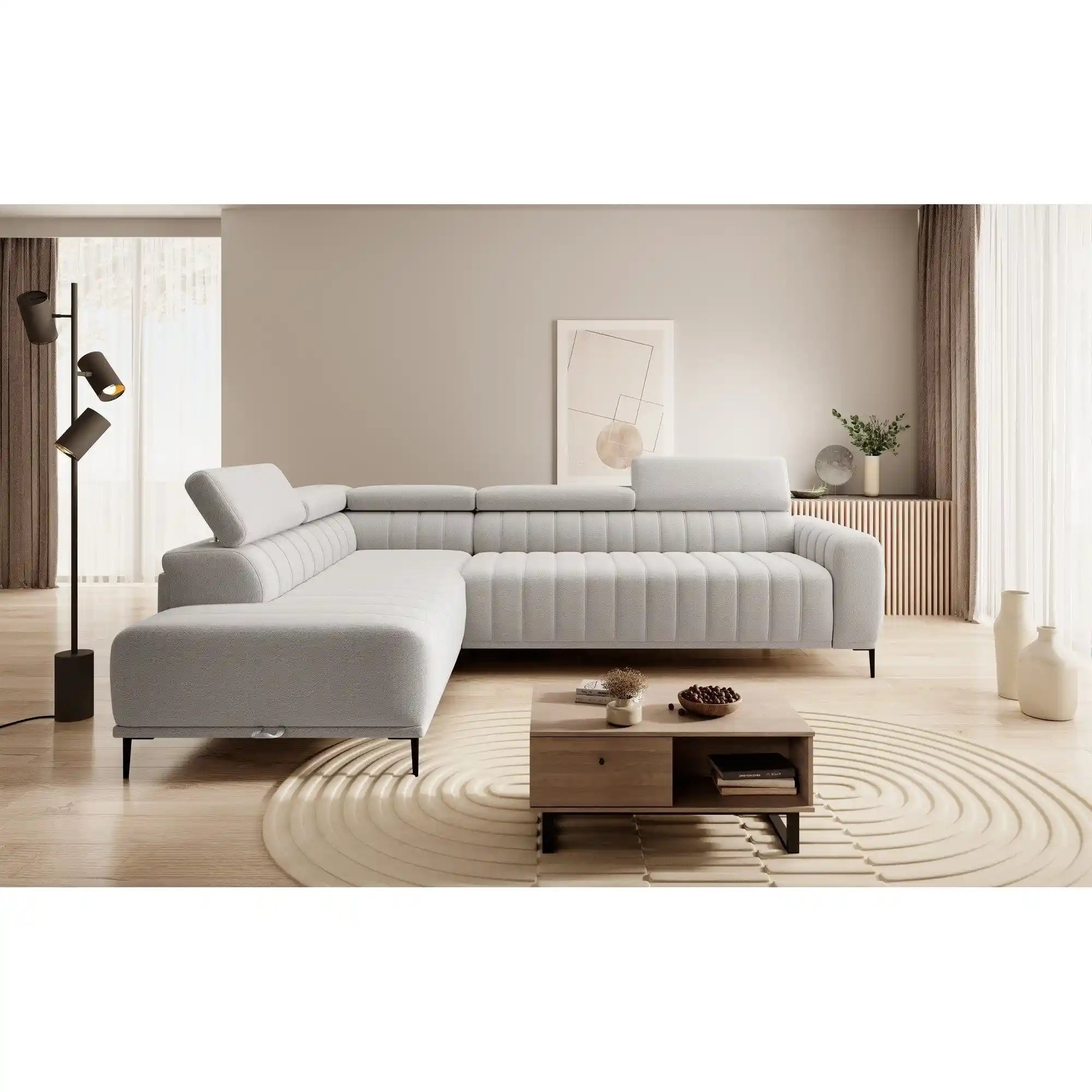 Coltar extensibil GANDI 160, personalizabil material gama Premium, cu lada depozitare si tetiere reglabile, 301x204x99 cm