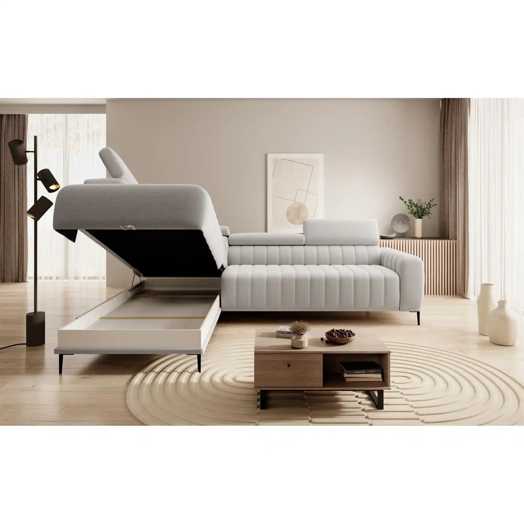 Coltar extensibil GANDI 160, personalizabil material gama Premium, cu lada depozitare si tetiere reglabile, 301x204x99 cm