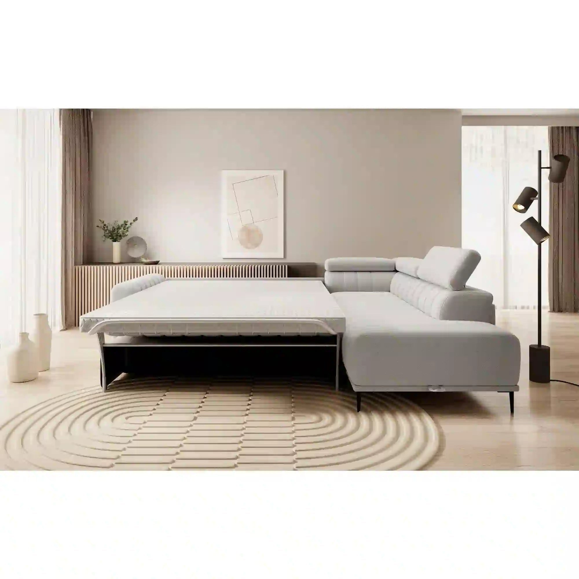 Coltar extensibil GANDI 160, sezlong dreapta, stofa catifelata bej - Vogue 02, Gama Premium, cu lada depozitare, 301x204x99 cm