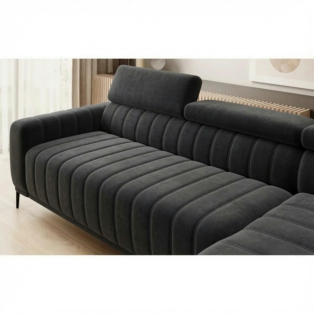 Coltar extensibil GANDI 160, sezlong dreapta, stofa catifelata gri grafit - Element 22, cu lada depozitare, 301x204x99 cm