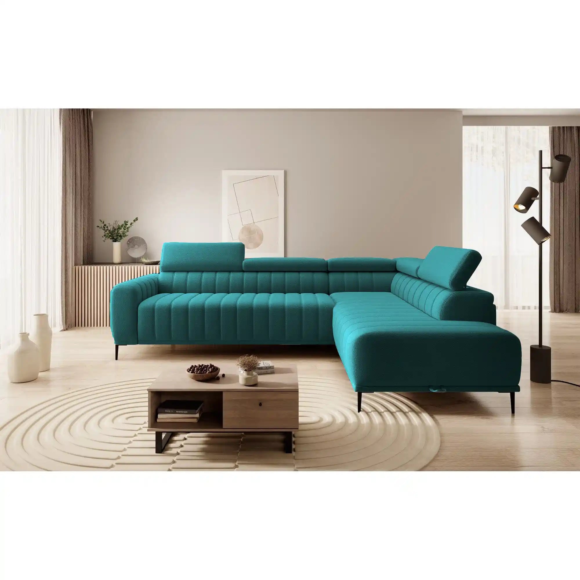 Coltar extensibil GANDI 160, sezlong dreapta, stofa catifelata verde inchis - Terra 75, Gama Premium, cu lada depozitare si tetiere reglabile, 301x204x99 cm