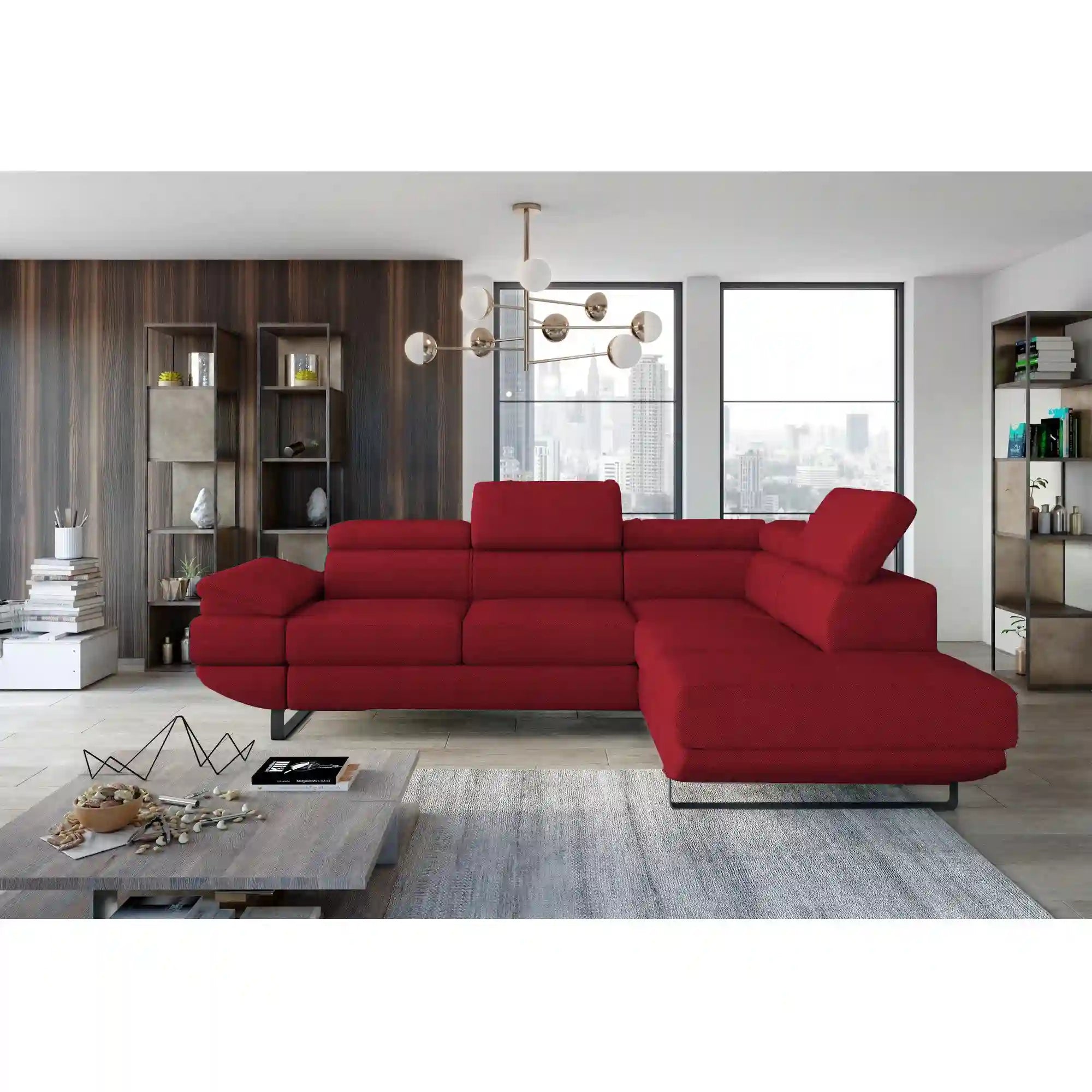 Coltar extensibil GIO, sezlong dreapta, stofa catifelata gri - Ontario 20, Gama Premium, cu lada depozitare si tetiere reglabile, 262x200x88 cm