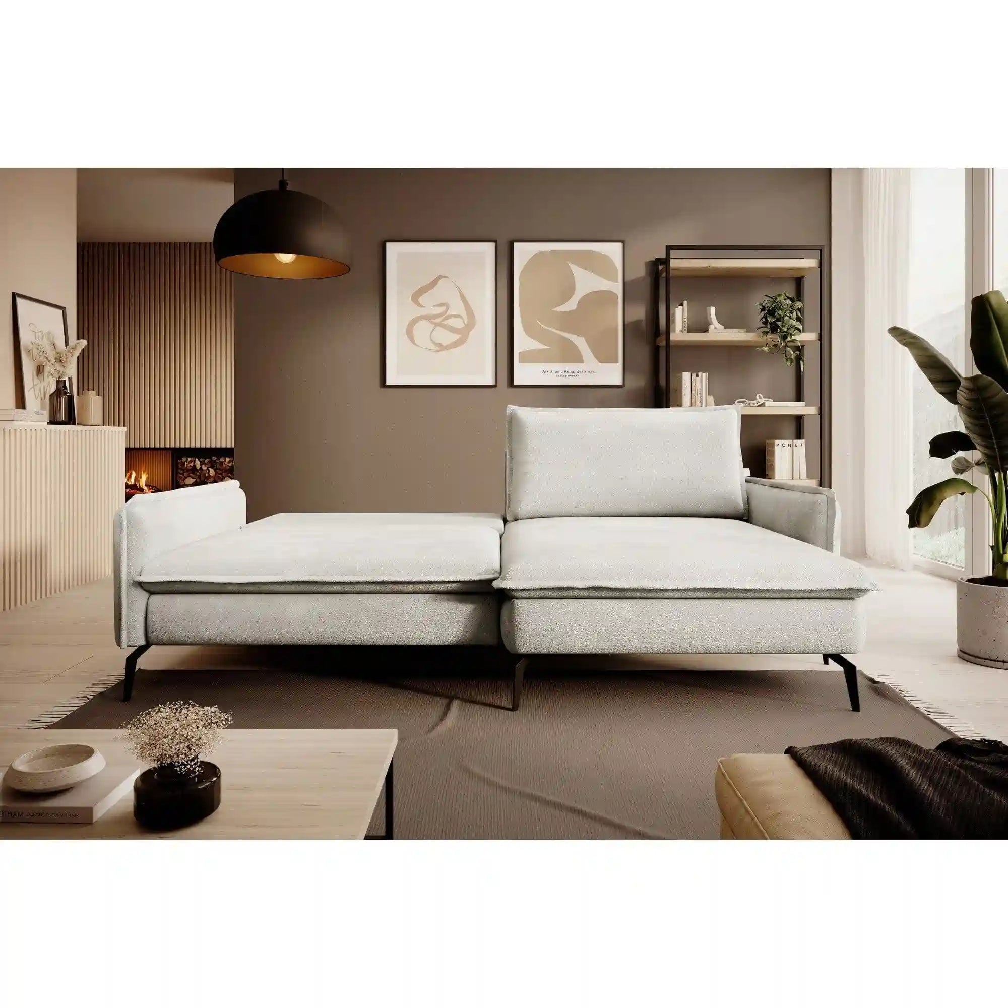 Coltar extensibil GLOSSY, sezlong stanga, stofa catifelata crem - Whisper 01, Gama Premium, cu lada depozitare, 226x162x88 cm