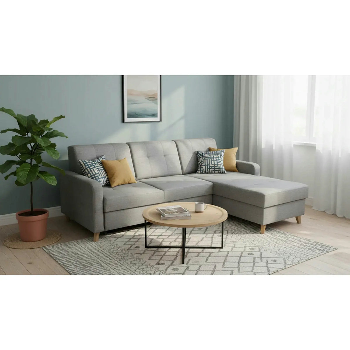 Coltar extensibil LARS, universal, stofa catifelata gri - Voss 07, cu lada depozitare, 223x161x83 cm