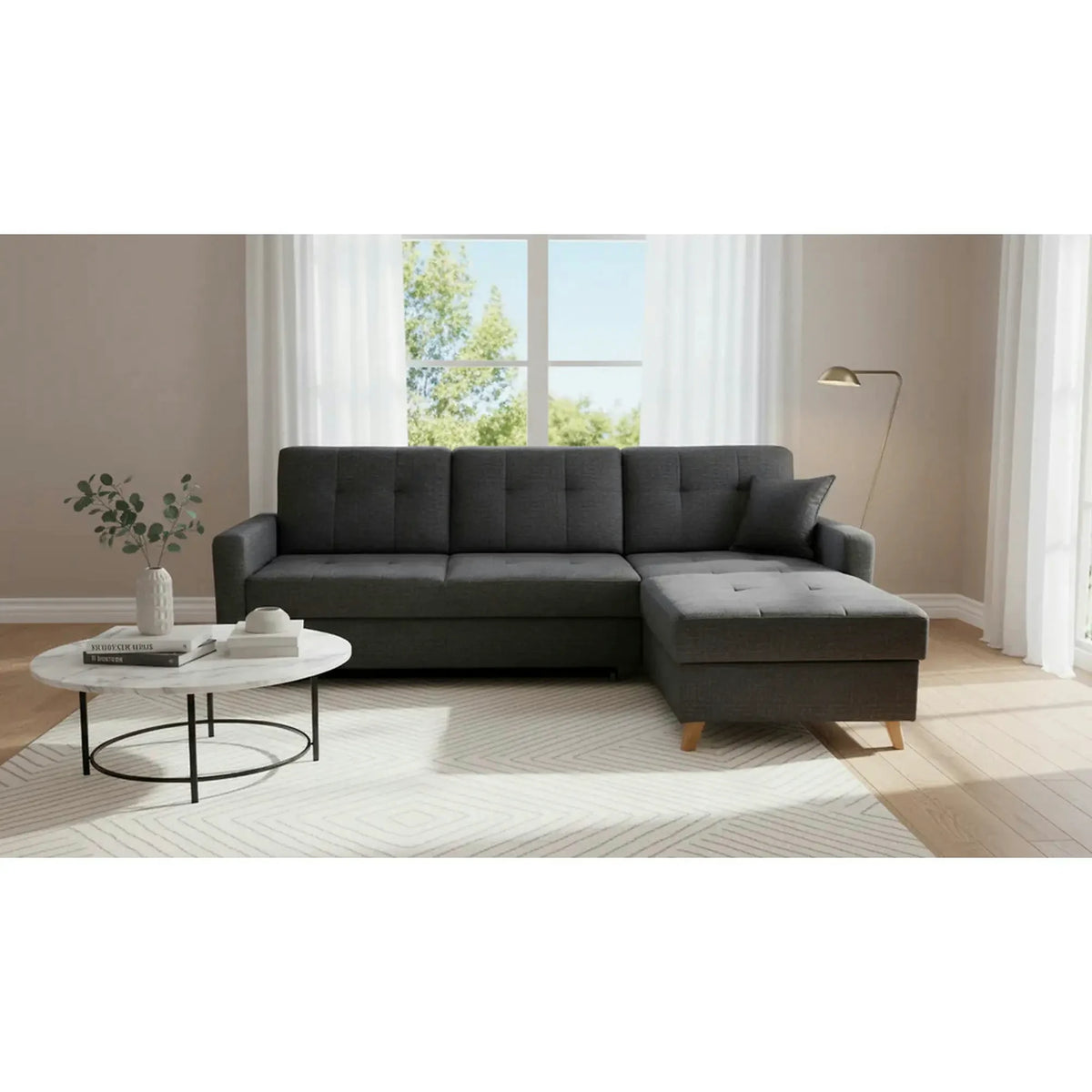 Coltar extensibil LARS, universal, stofa catifelata negru - Voss 19, cu lada depozitare, 223x161x83 cm