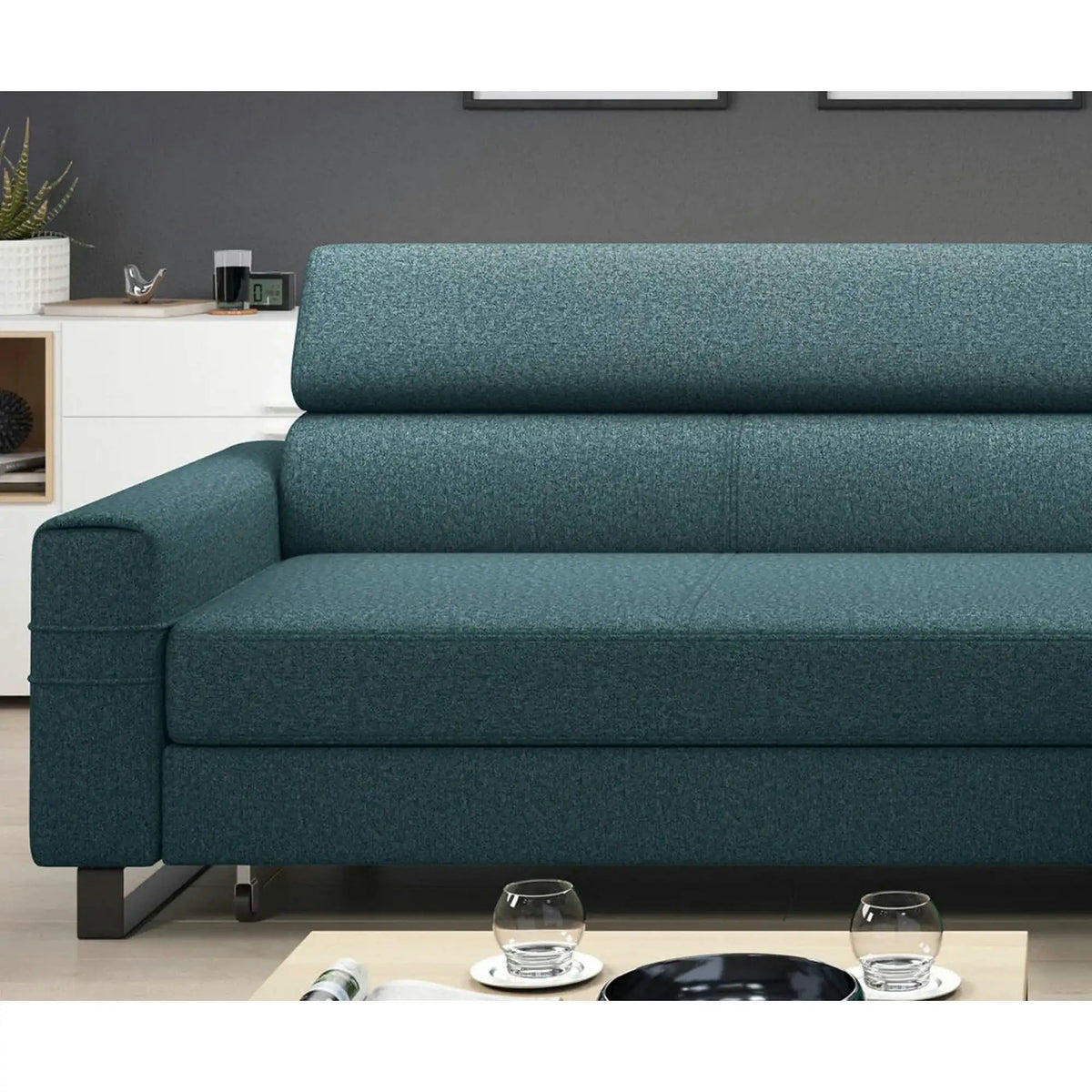 Coltar extensibil LIVIO, personalizabil, cu lada depozitare si tetiere reglabile, 249x184x90 cm