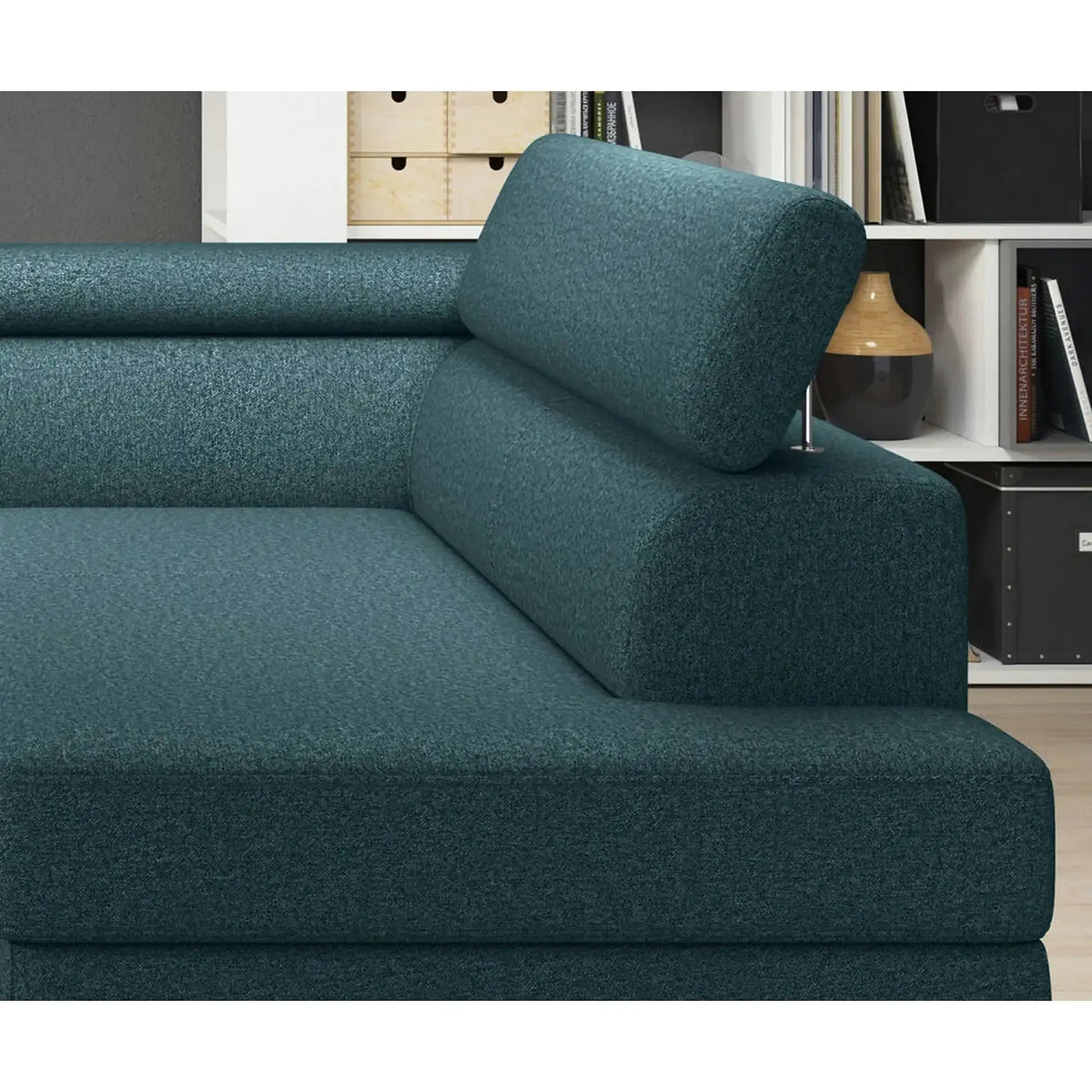Coltar extensibil LIVIO, personalizabil, cu lada depozitare si tetiere reglabile, 249x184x90 cm