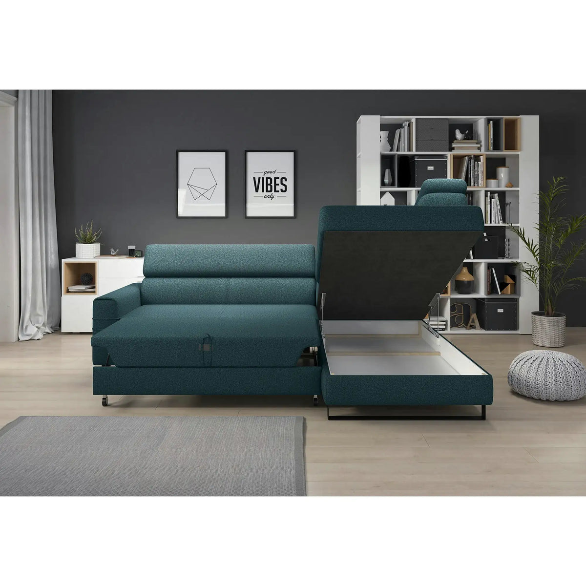Coltar extensibil LIVIO, personalizabil, cu lada depozitare si tetiere reglabile, 249x184x90 cm