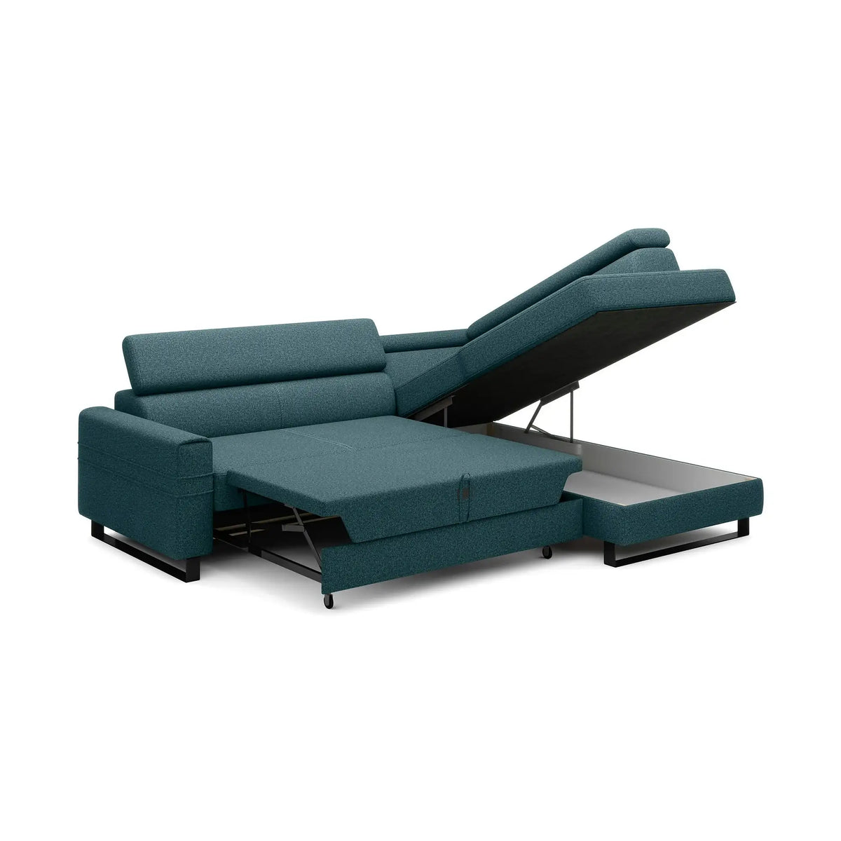Coltar extensibil LIVIO, personalizabil, cu lada depozitare si tetiere reglabile, 249x184x90 cm