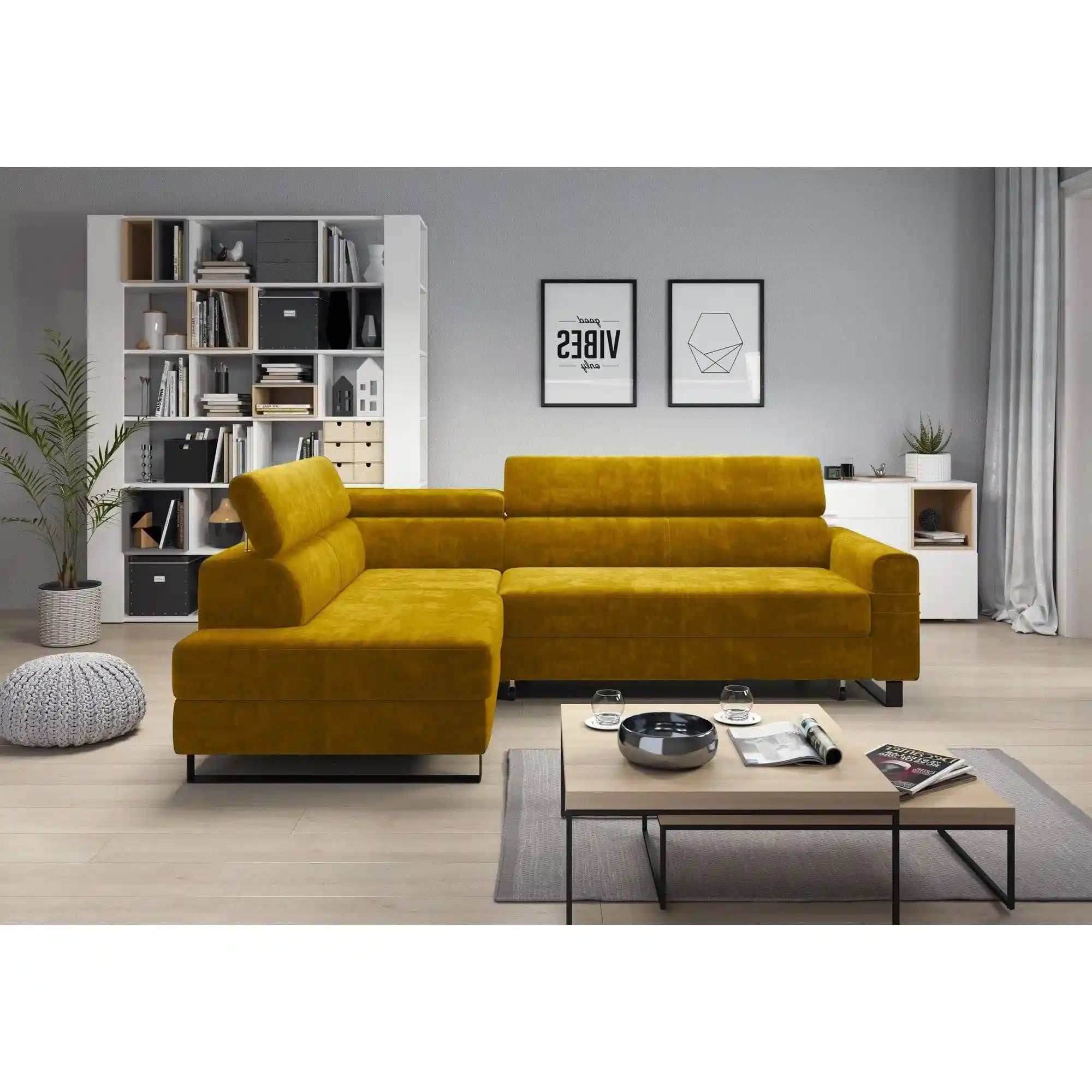 Coltar extensibil LIVIO, personalizabil materiale gama Oferta Avantaj, cu lada depozitare si tetiere reglabile, 249x184x90 cm