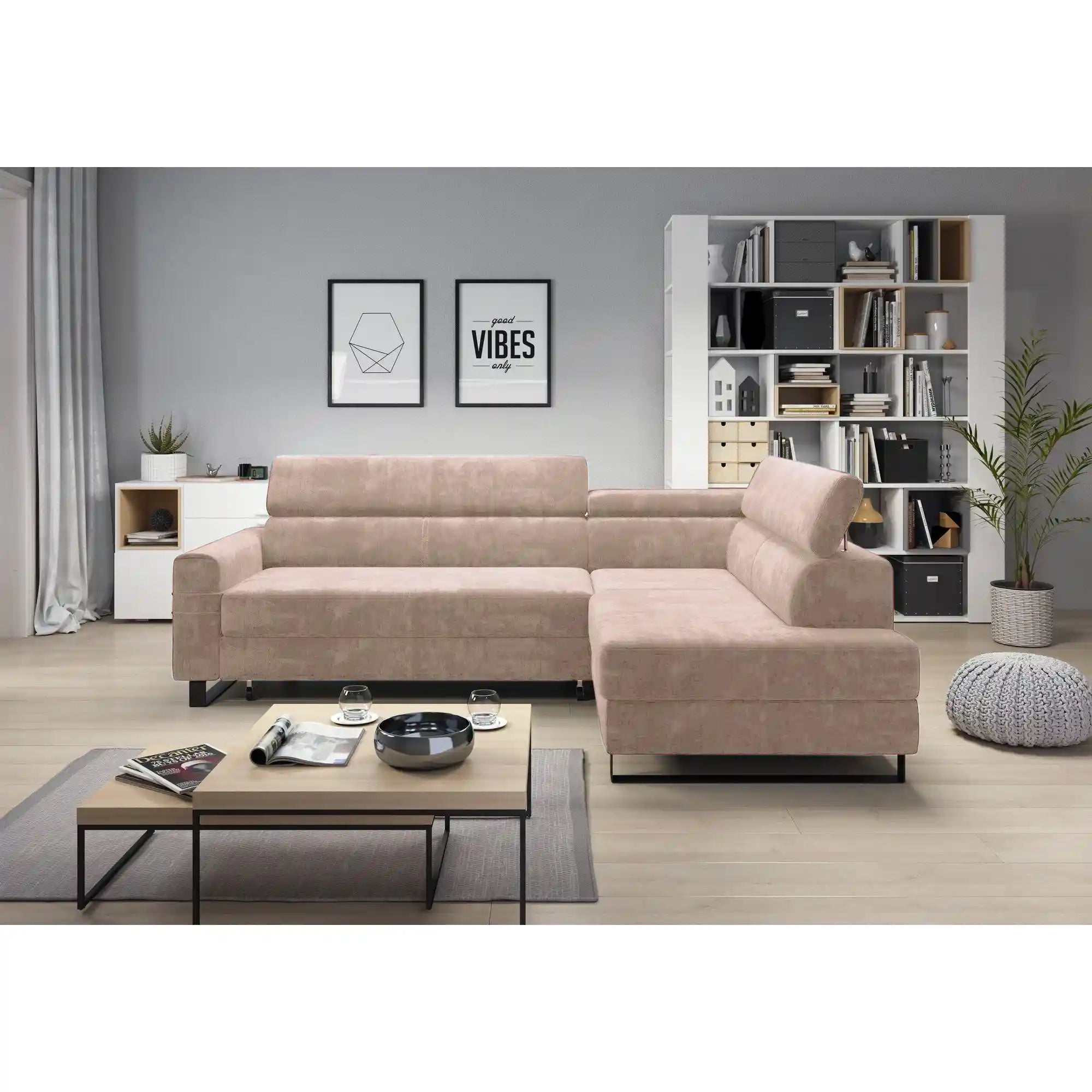 Coltar extensibil LIVIO, sezlong dreapta, stofa catifelata bej - Palladium 2, Gama Premium, cu lada depozitare si tetiere reglabile, 249x184x90 cm