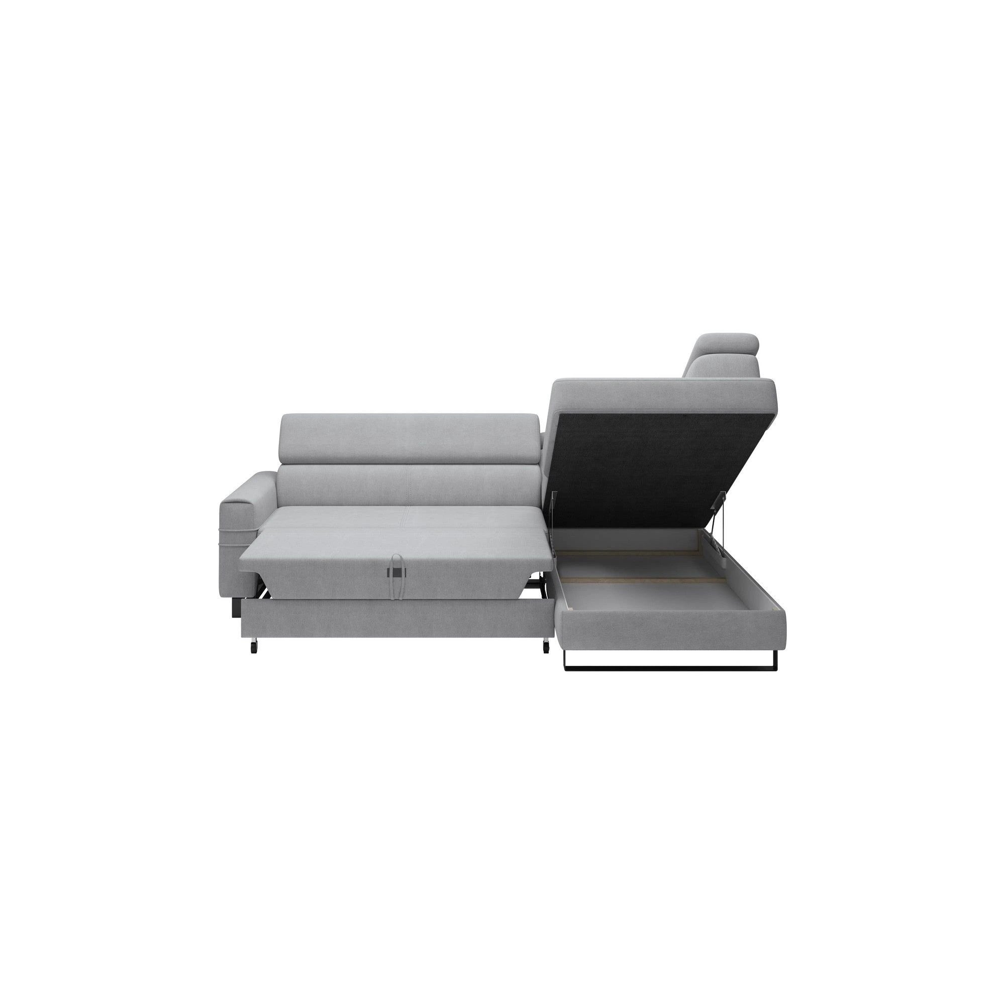 Coltar extensibil LIVIO, sezlong dreapta, stofa catifelata bej - Palladium 2, Gama Premium, cu lada depozitare si tetiere reglabile, 249x184x90 cm