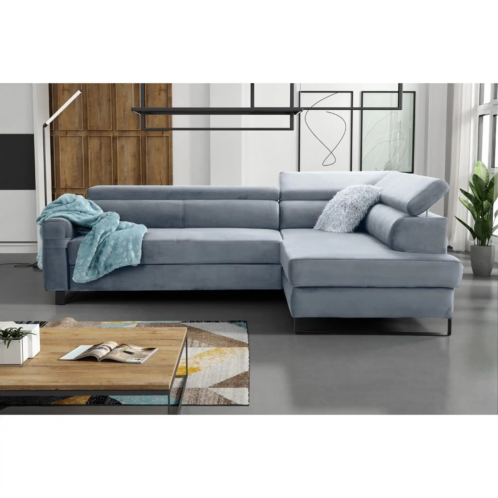 Coltar extensibil LIVIO, sezlong dreapta, stofa catifelata gri - Monolith 85, cu lada depozitare si tetiere reglabile, 249x184x90 cm