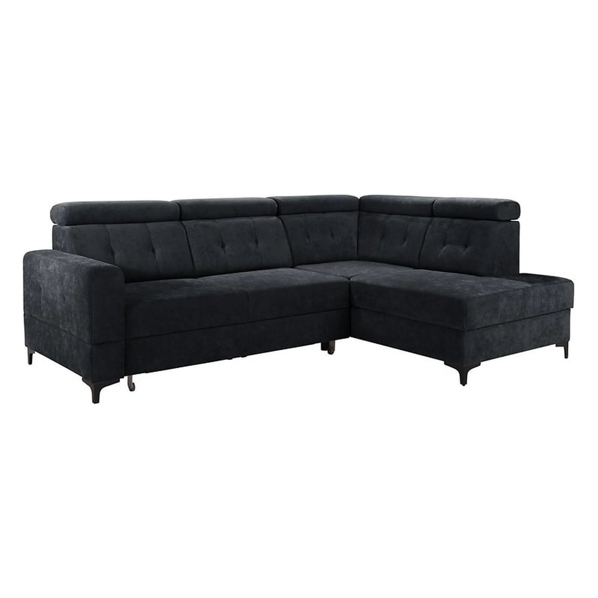 Coltar extensibil MANTO, sezlong dreapta, stofa catifelata negru - Wind 99, cu lada depozitare, 254x182x100 cm