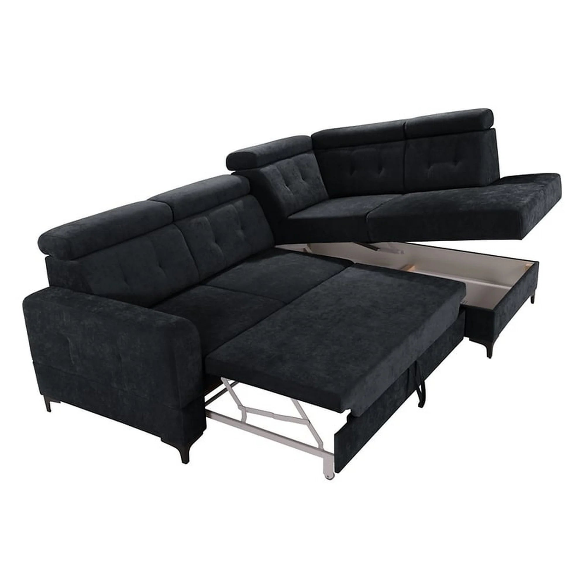 Coltar extensibil MANTO, sezlong dreapta, stofa catifelata negru - Wind 99, cu lada depozitare, 254x182x100 cm