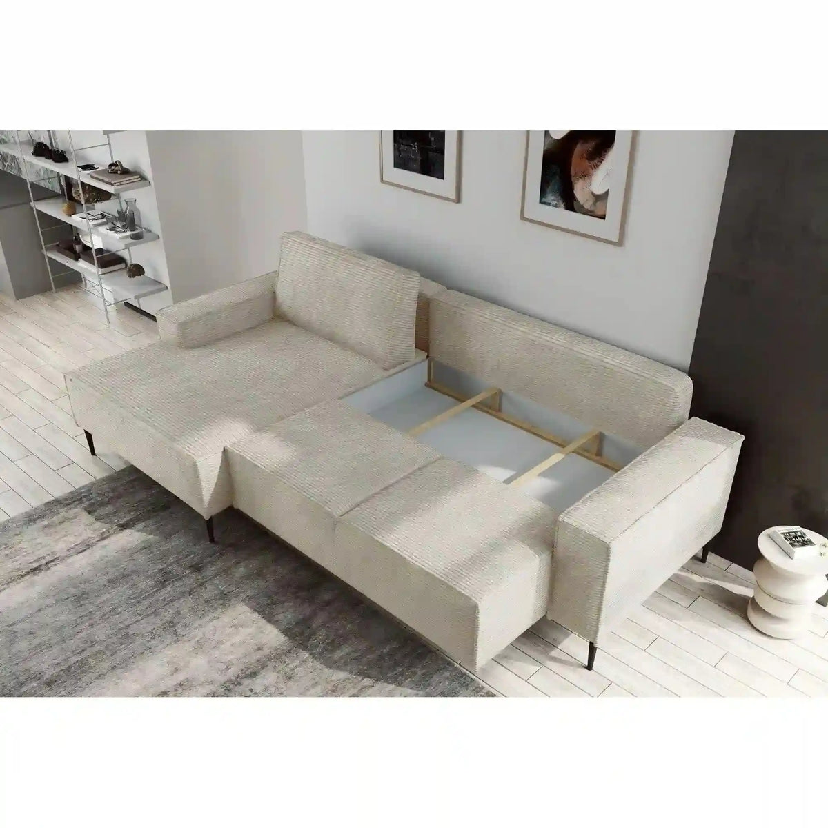 Coltar extensibil MATANO, sezlong stanga, stofa catifelata bej deschis - Ontario 02, Gama Premium, cu lada depozitare, 270x163x89 cm