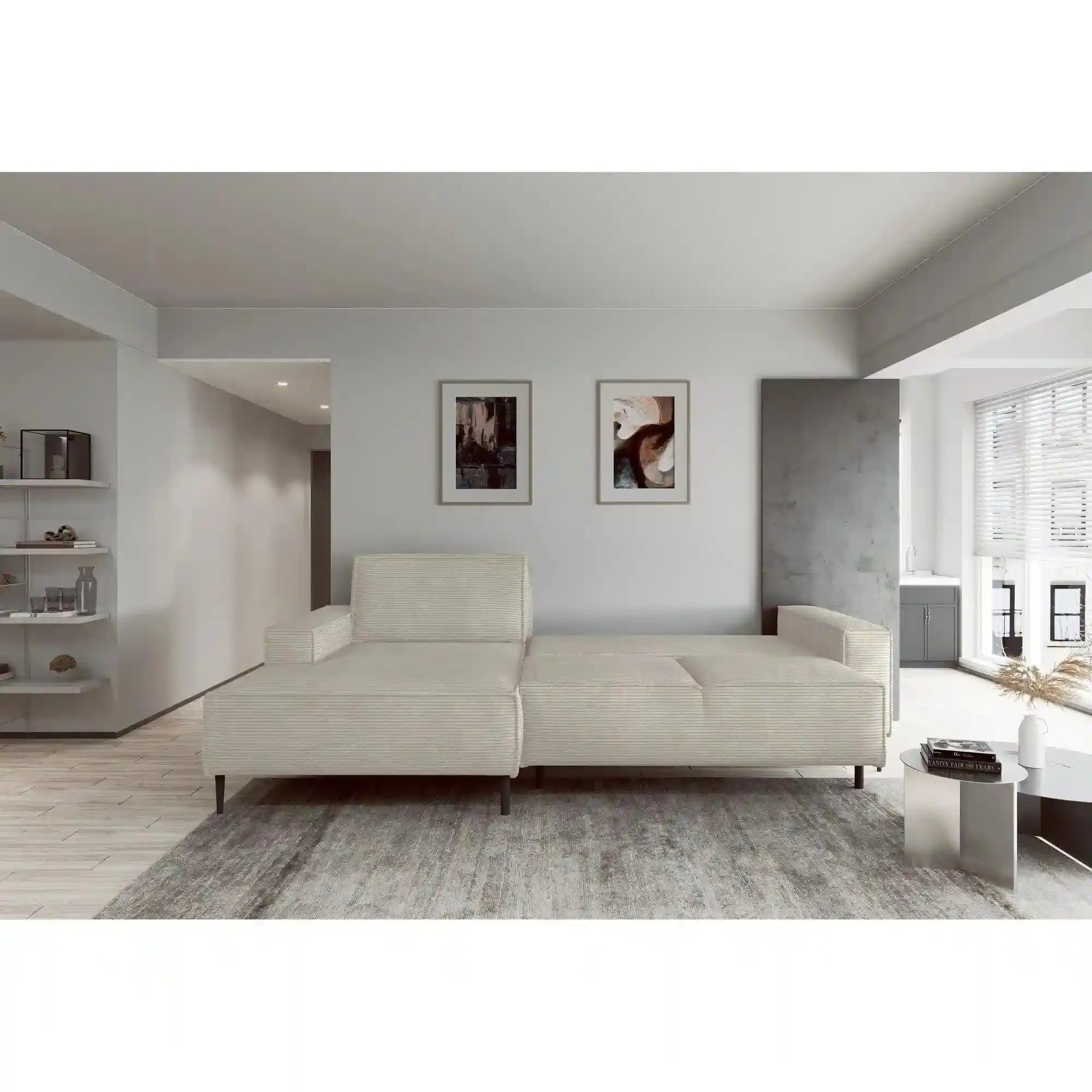 Coltar extensibil MATANO, sezlong stanga, stofa catifelata bej deschis - Ontario 02, Gama Premium, cu lada depozitare, 270x163x89 cm