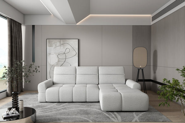 Coltar extensibil MATEO S, personalizabil materiale Gama Premium, cu lada depozitare si tetiere reglabile, 273x183x99 cm