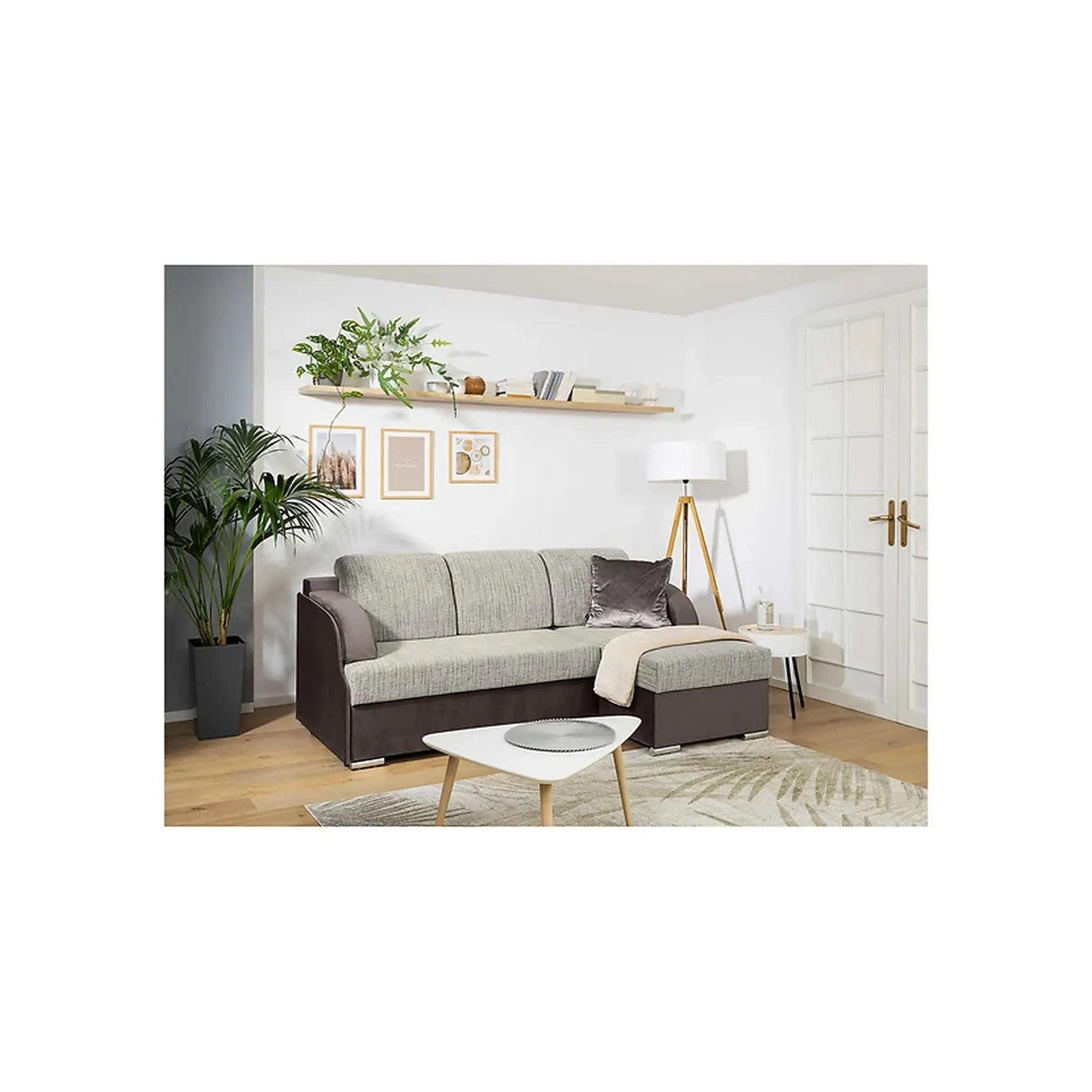 Coltar extensibil MERIN, universal, stofa catifelata maro/gri, cu lada depozitare, 205x138x89 cm