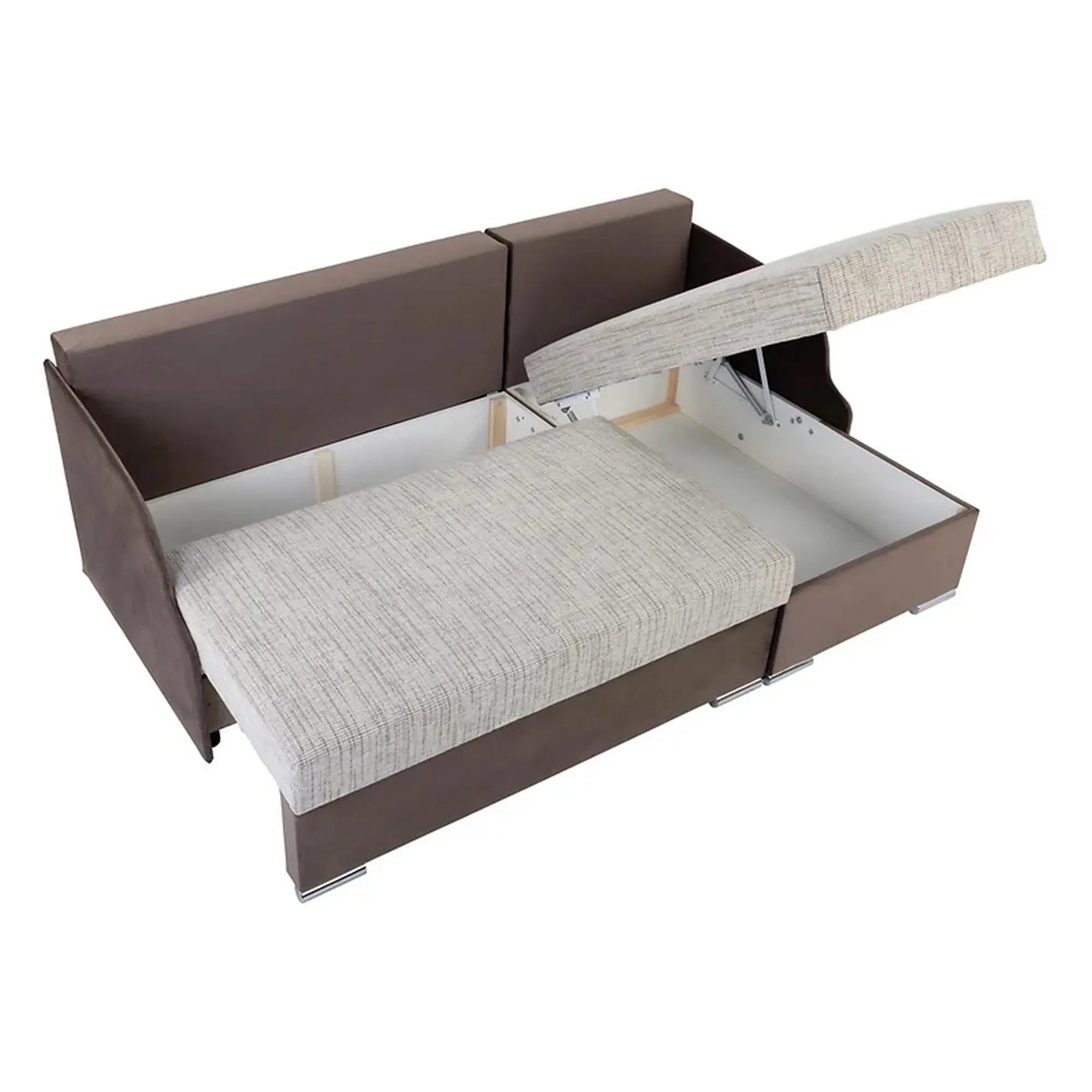 Coltar extensibil MERIN, universal, stofa catifelata maro/gri, cu lada depozitare, 205x138x89 cm