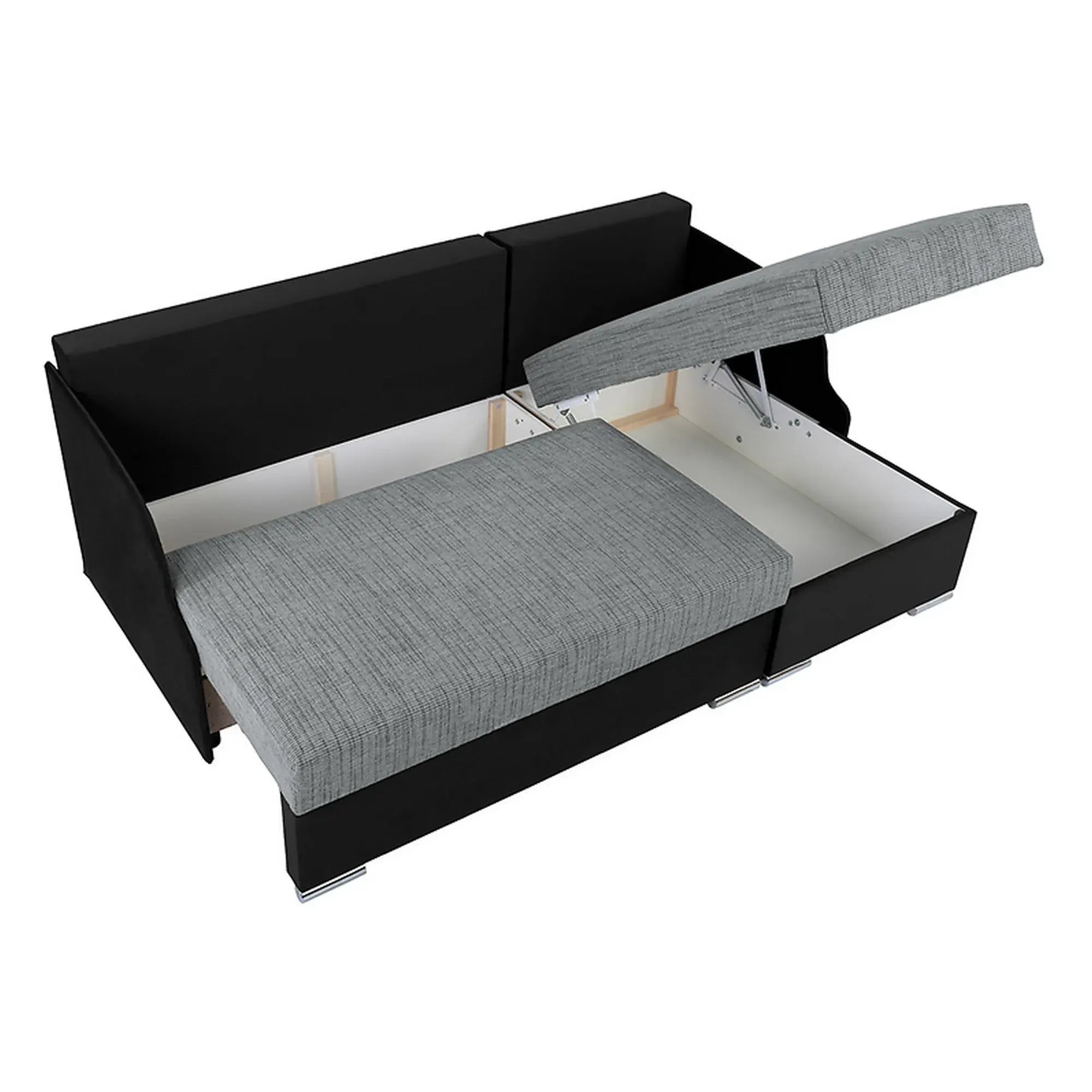 Coltar extensibil MERIN, universal, stofa catifelata negru/gri, cu lada depozitare, 205x138x89 cm