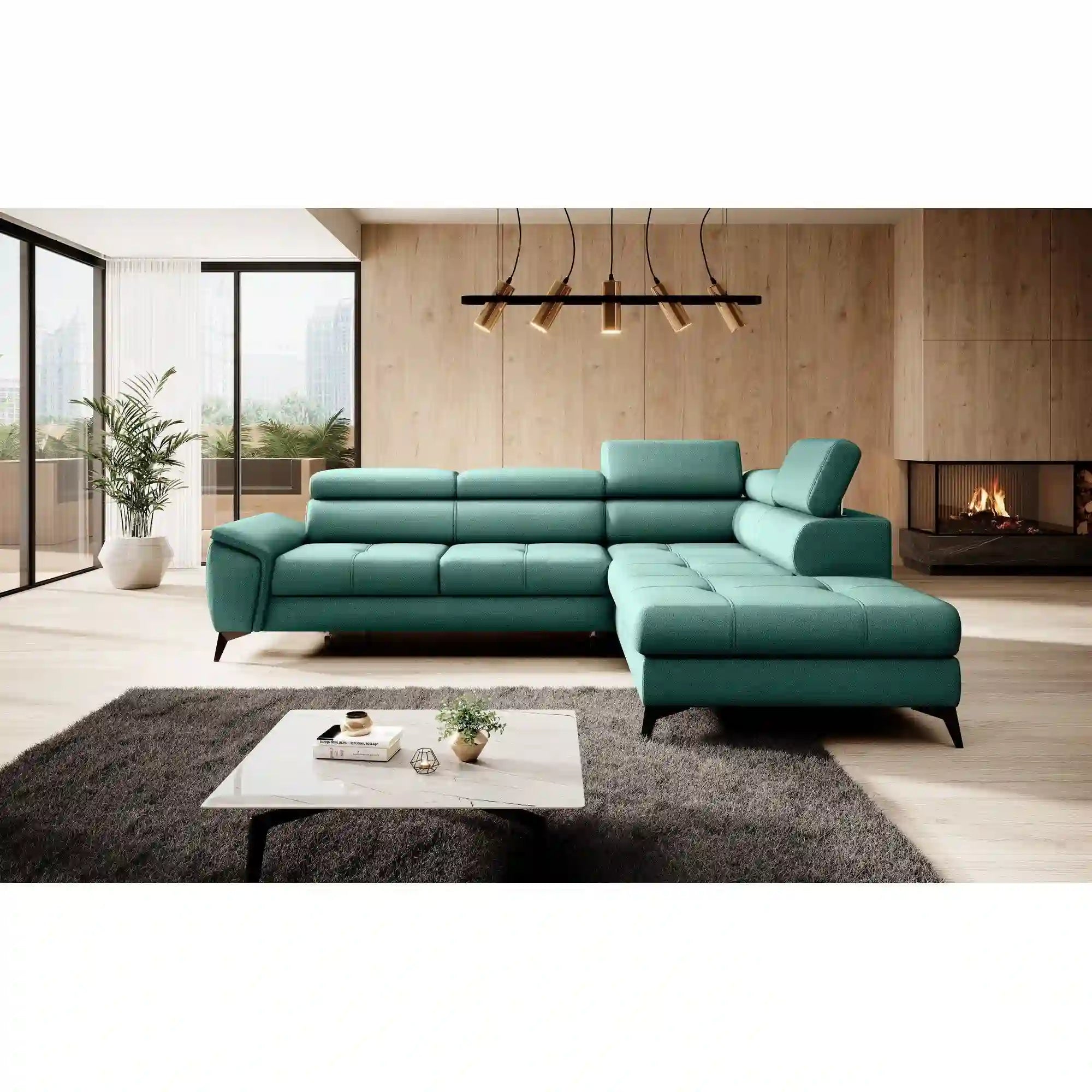 Coltar extensibil MOCCA, personalizabil materiale gama Oferta Avantaj, cu lada depozitare si tetiere reglabile, 265x222x95 cm