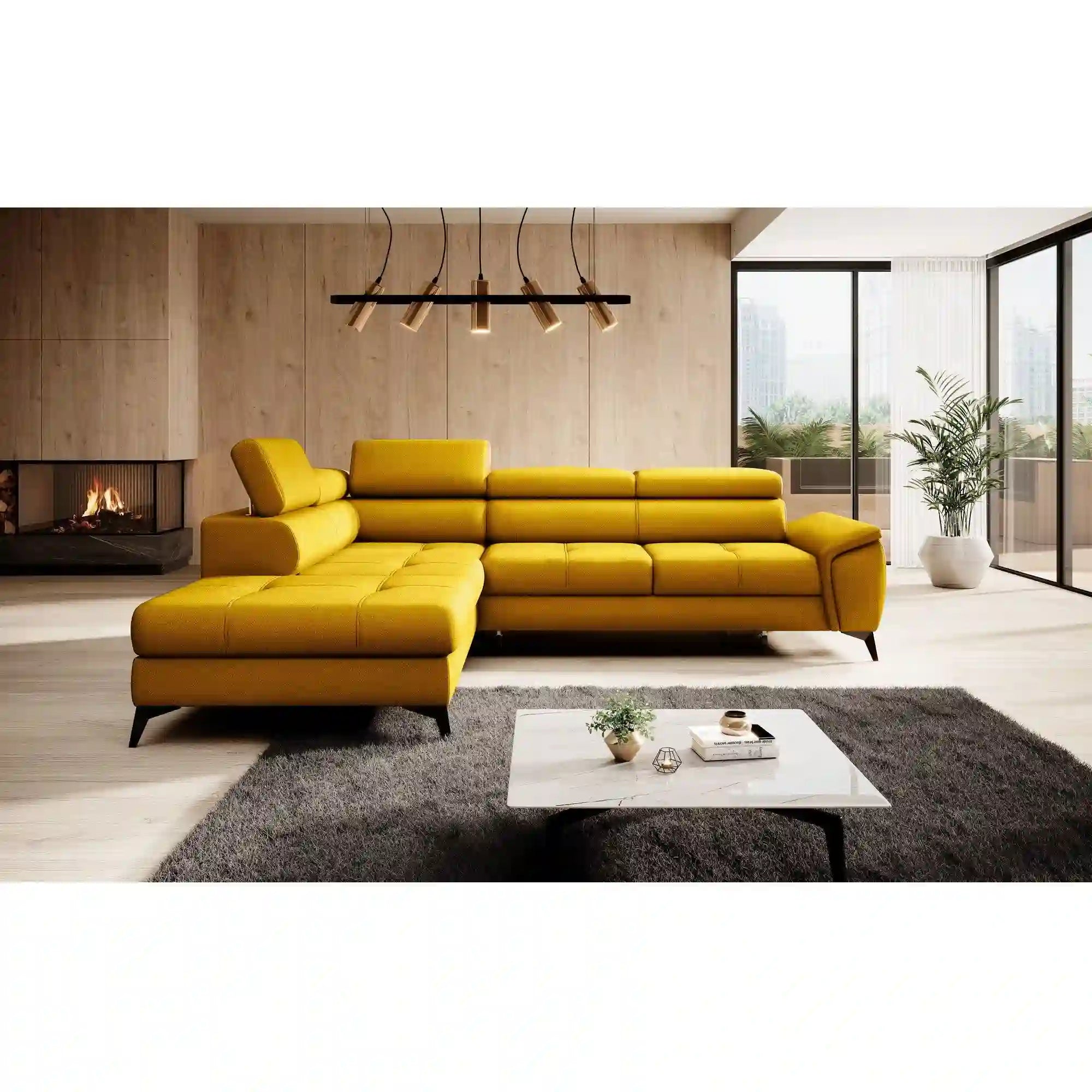 Coltar extensibil MOCCA, personalizabil materiale gama Premium, cu lada depozitare si tetiere reglabile, 265x222x95 cm