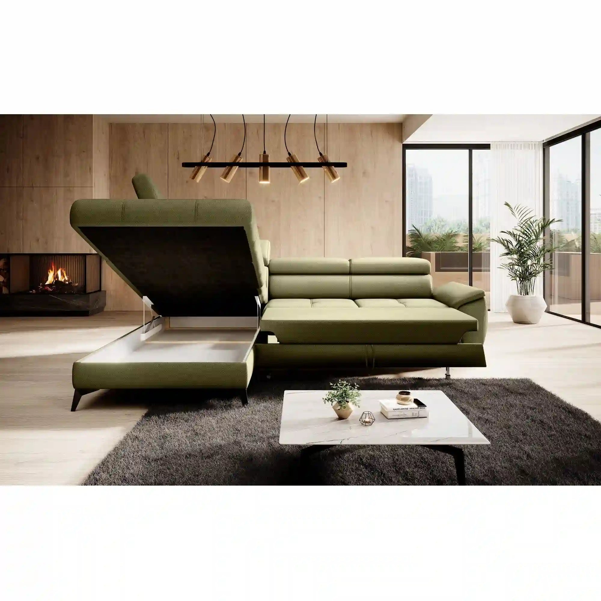 Coltar extensibil MOCCA, personalizabil materiale gama Premium, cu lada depozitare si tetiere reglabile, 265x222x95 cm