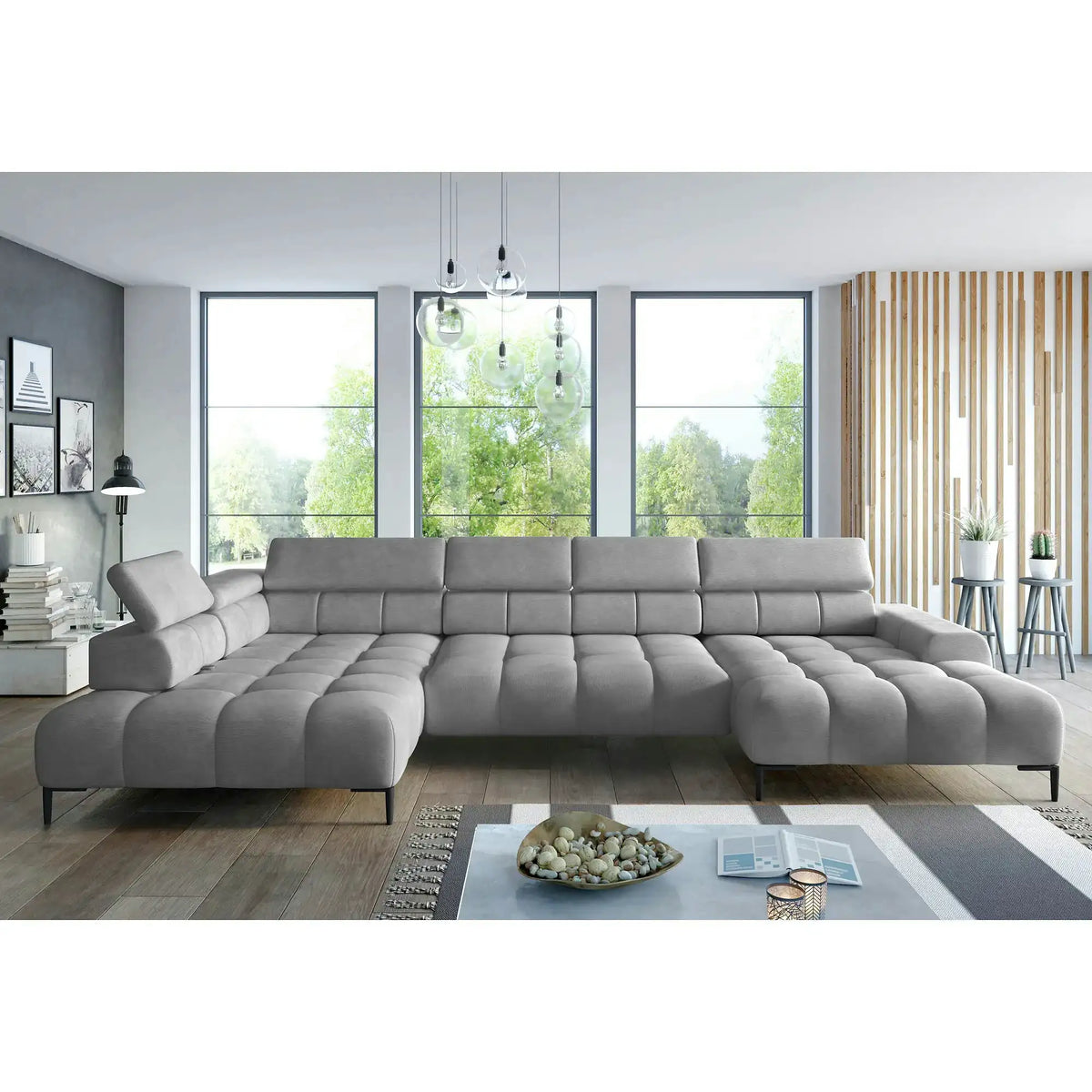 Coltar extensibil modern CALDO XL, sezlong dreapta, stofa catifelata gri - Riviera 91, cu lada depozitare si tetiere reglabile, 342x200x99 cm