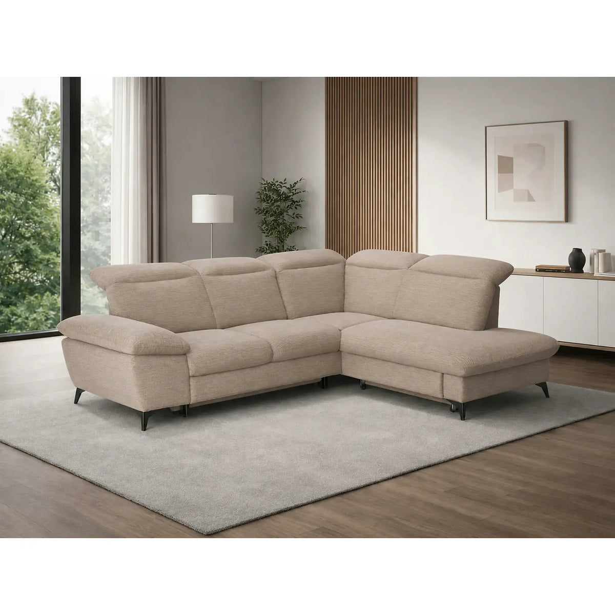 Coltar extensibil modern living LUNA, sezlong dreapta, stofa clasica bej - Campsbay R463, 268x212x101 cm