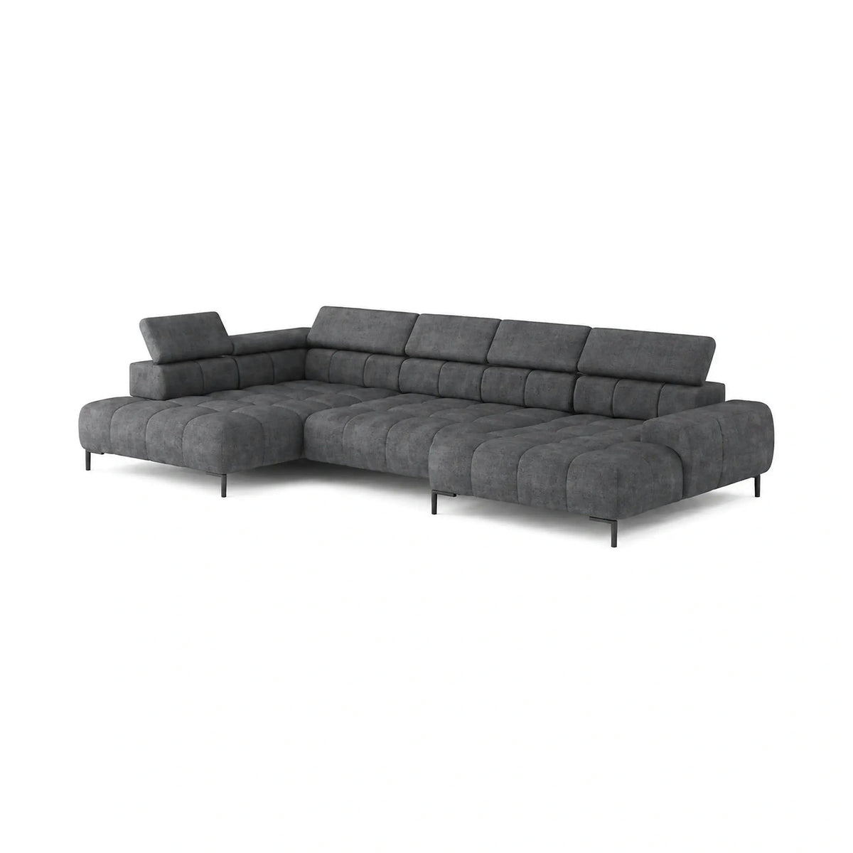 Coltar extensibil modern PLAZA XL, sezlong stanga, stofa catifelata gri inchis - Salvador 15, cu reglaj electric si tetiere reglabile, 385x216x99 cm