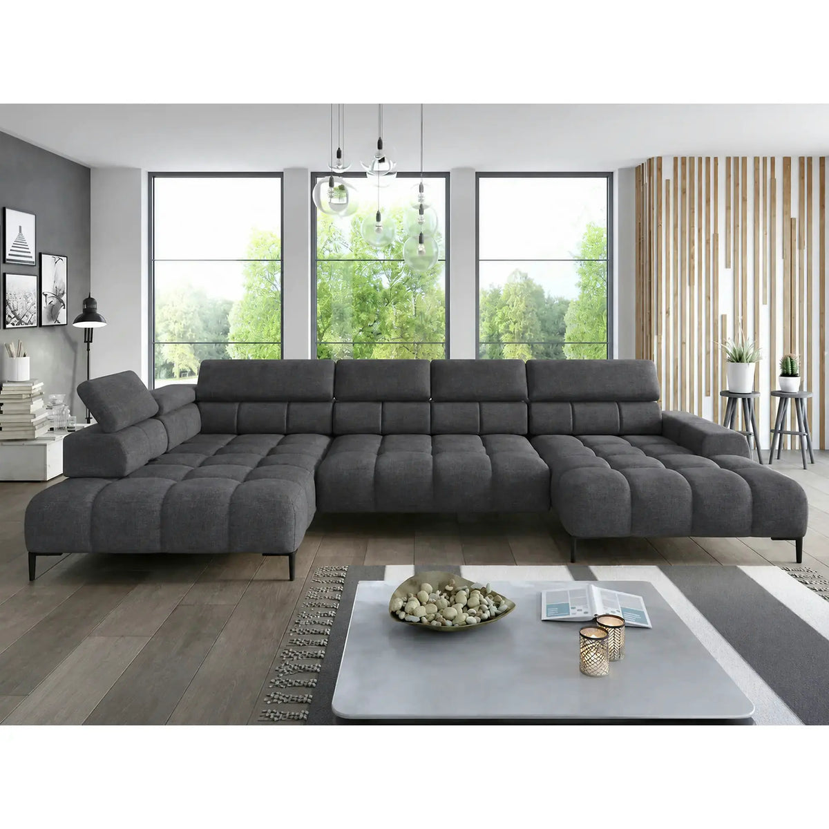 Coltar extensibil modern PLAZA XL, sezlong stanga, stofa catifelata gri inchis - Salvador 15, cu reglaj electric si tetiere reglabile, 385x216x99 cm