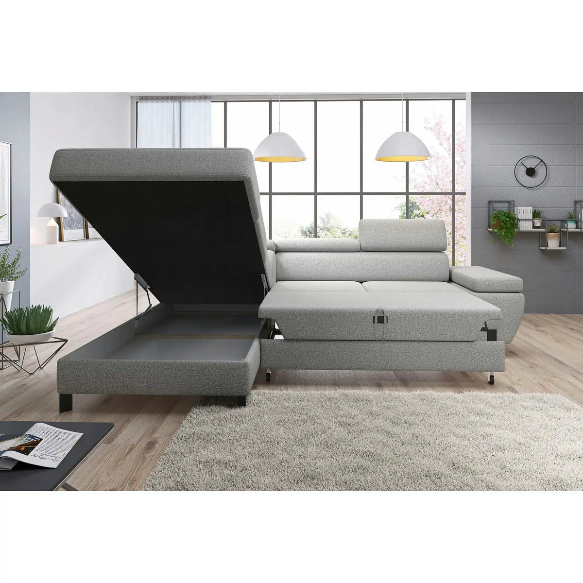 Coltar extensibil MOLINA L, personalizabil, cu lada depozitare si tetiere reglabile, 263x210x90 cm
