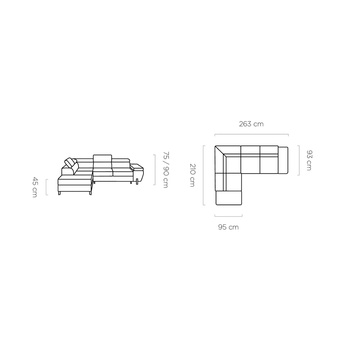 Coltar extensibil MOLINA L, personalizabil, cu lada depozitare si tetiere reglabile, 263x210x90 cm