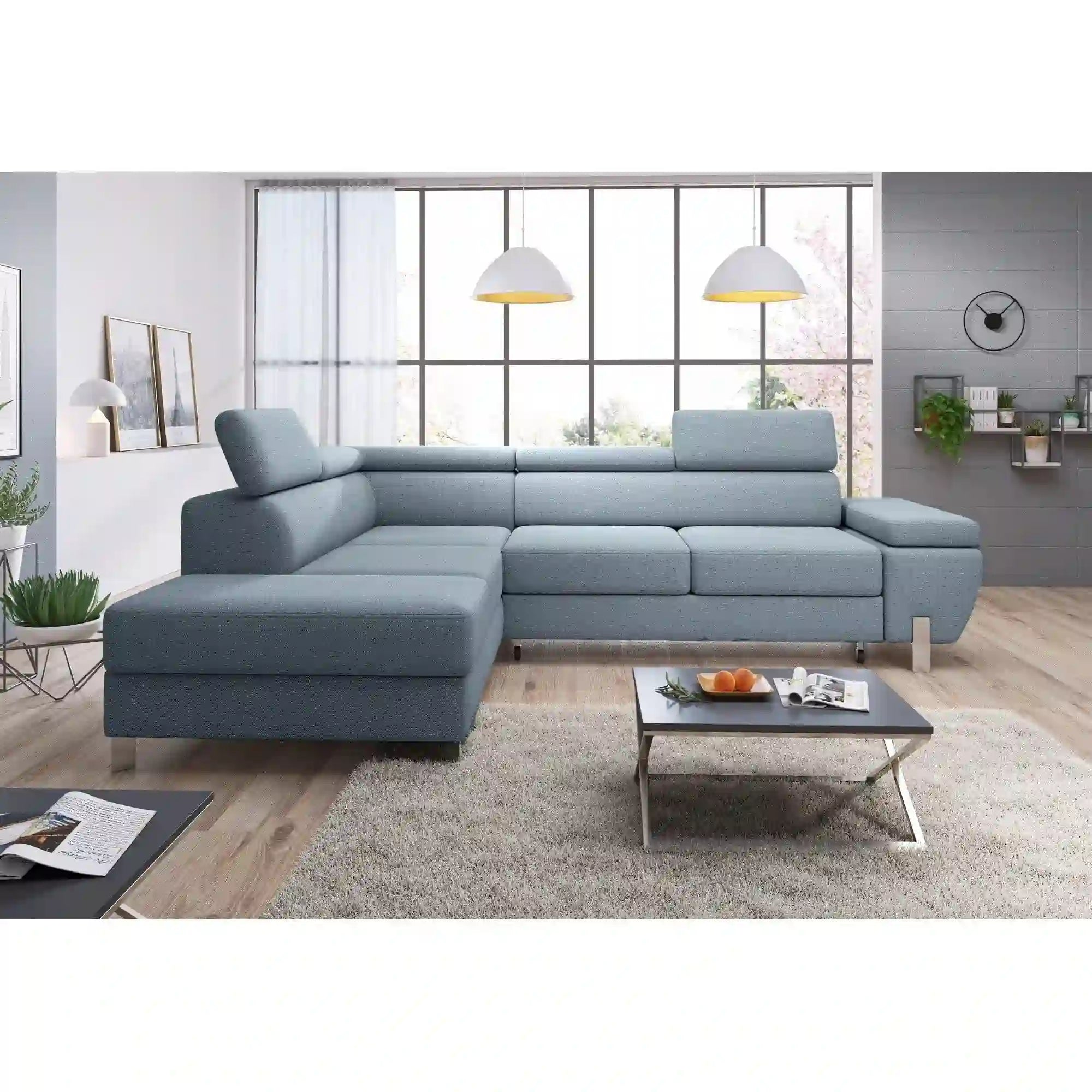 Coltar extensibil MOLINA L, personalizabil materiale gama Oferta Avantaj, cu lada depozitare si tetiere reglabile, 263x210x90 cm