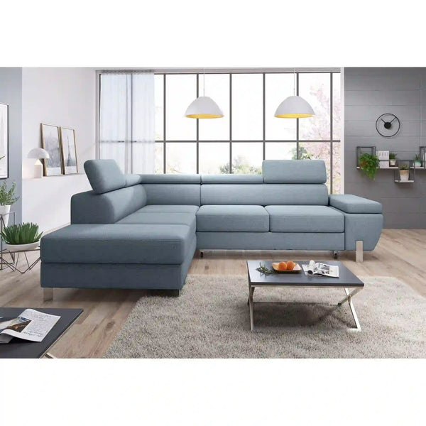 Coltar extensibil MOLINA L, personalizabil materiale gama Oferta Avantaj, cu lada depozitare si tetiere reglabile, 263x210x90 cm