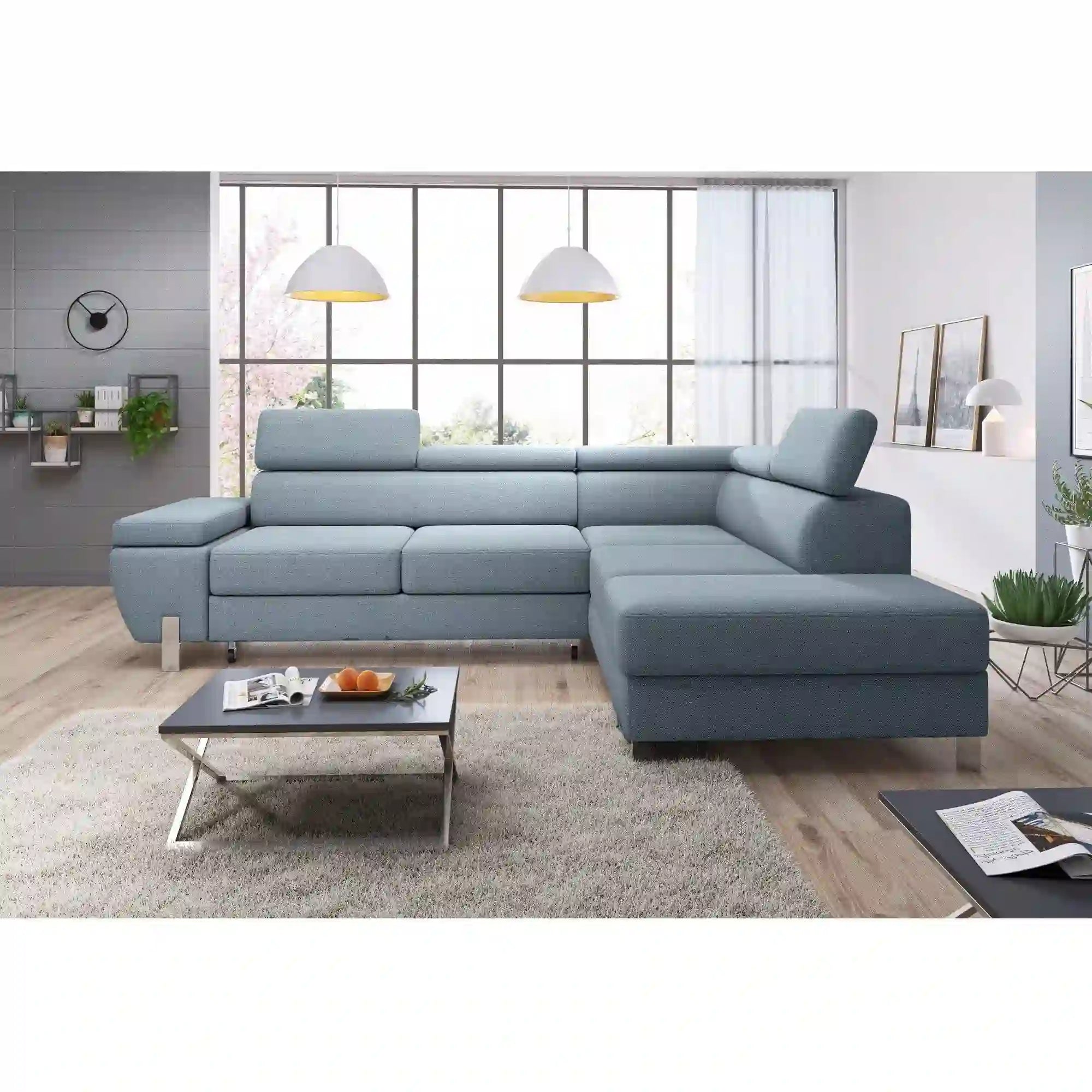 Coltar extensibil MOLINA L, personalizabil materiale gama Oferta Avantaj, cu lada depozitare si tetiere reglabile, 263x210x90 cm