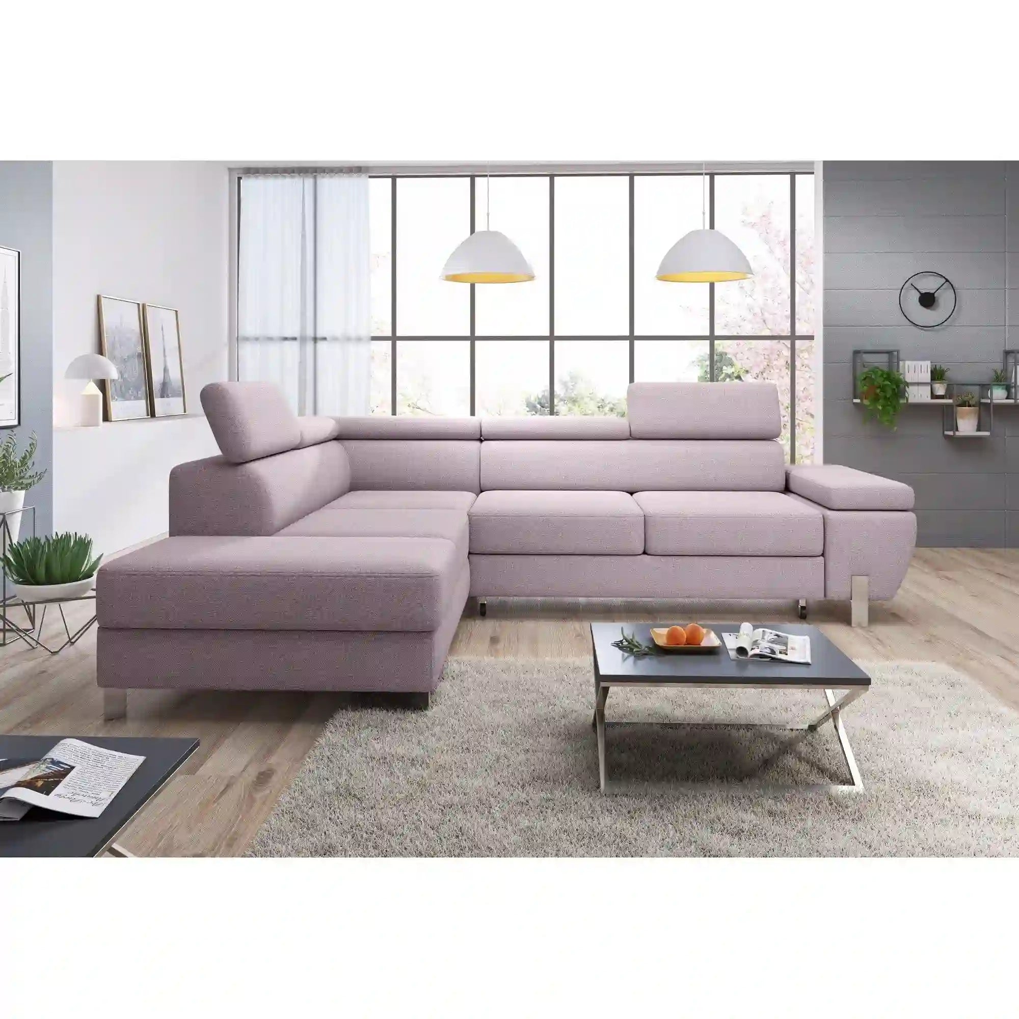 Coltar extensibil MOLINA L, personalizabil materiale gama Premium, cu lada depozitare si tetiere reglabile, 263x210x90 cm