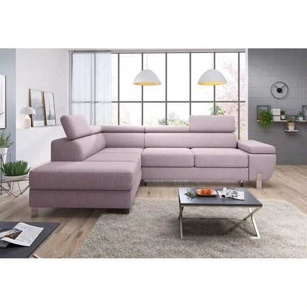 Coltar extensibil MOLINA L, personalizabil materiale gama Premium, cu lada depozitare si tetiere reglabile, 263x210x90 cm