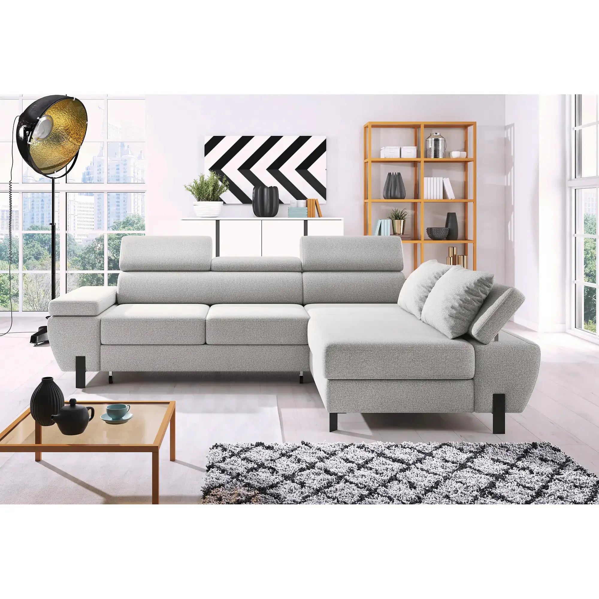 Coltar extensibil MOLINA MINI, personalizabil, cu lada depozitare si tetiere reglabile, 277x189x90 cm
