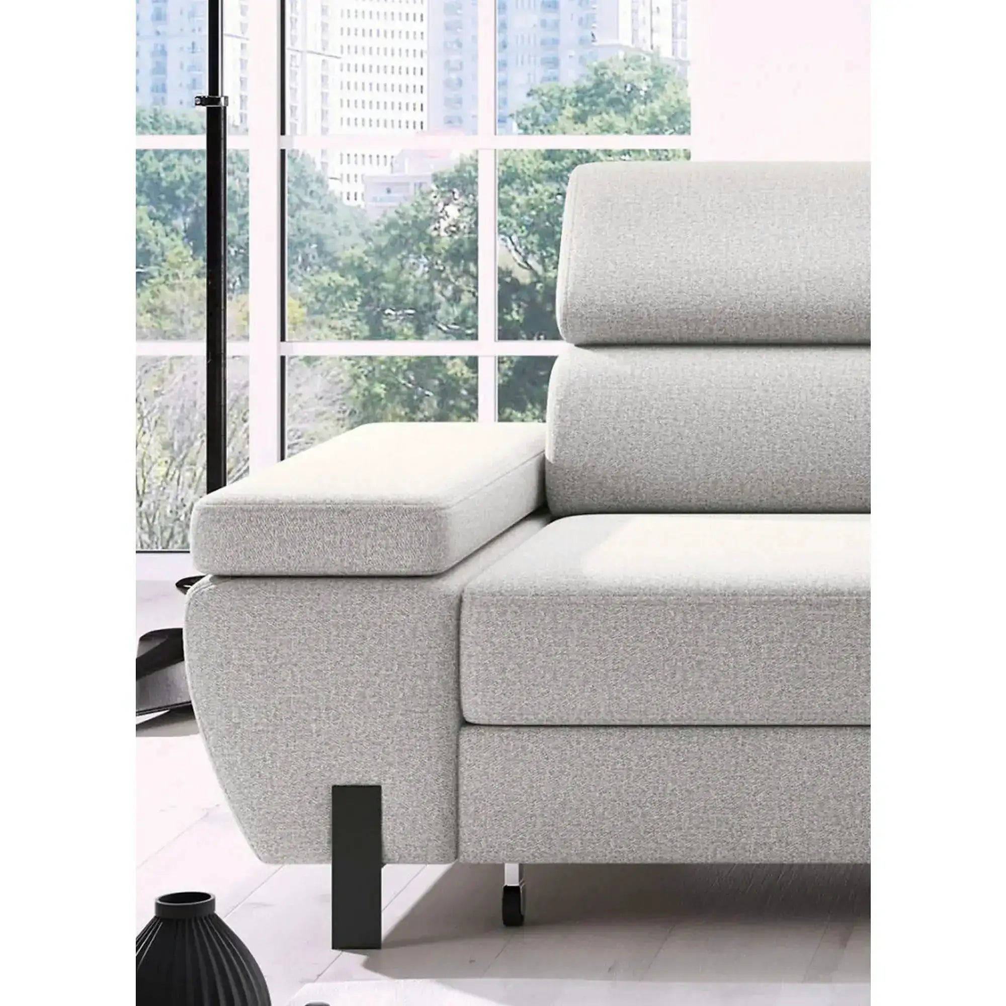 Coltar extensibil MOLINA MINI, personalizabil, cu lada depozitare si tetiere reglabile, 277x189x90 cm